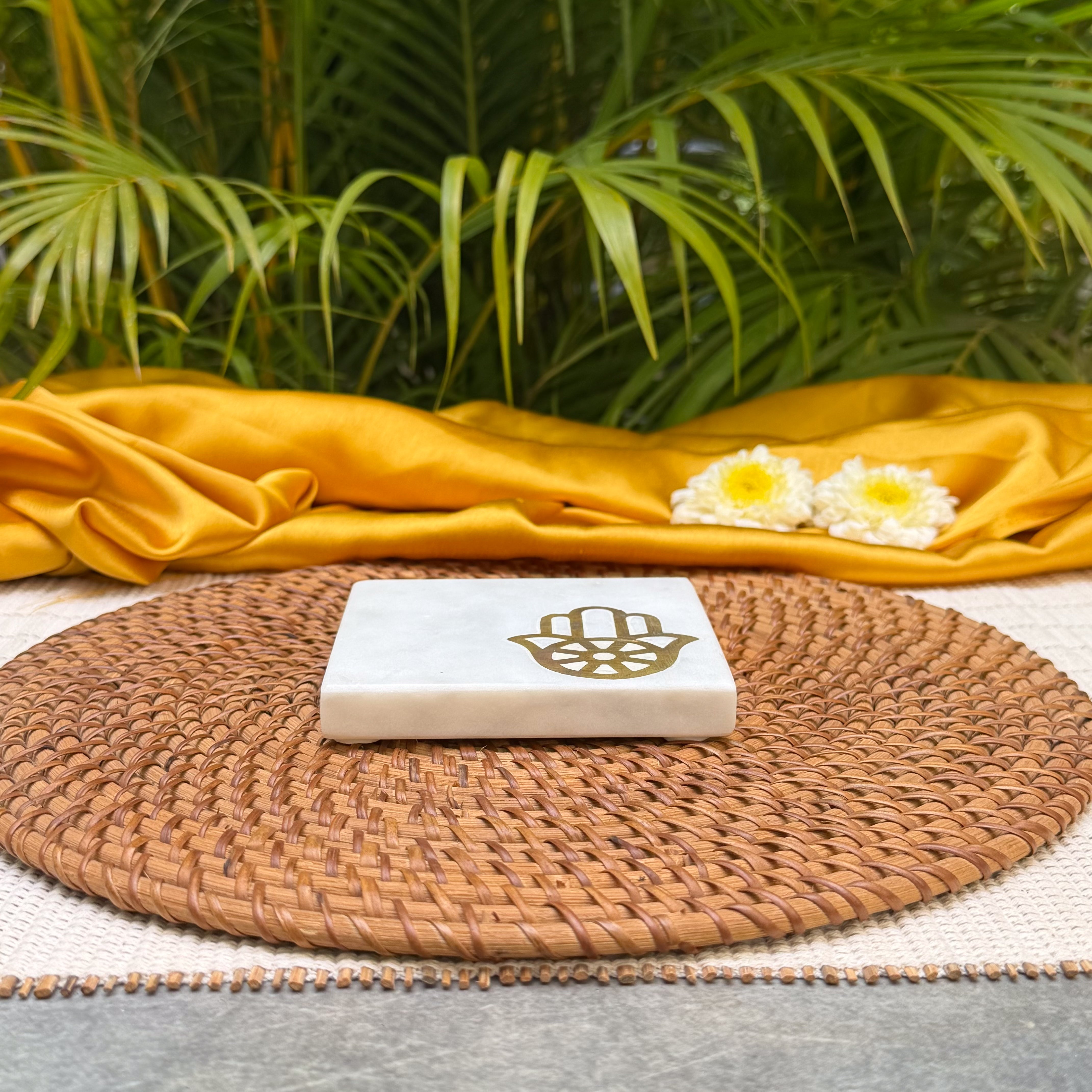 Ambi Hamsa Hand Marble Coaster Set of 2 | Elegant White Marble Drink Coasters with Brass Hamsa Design | Table Decor & Gifting