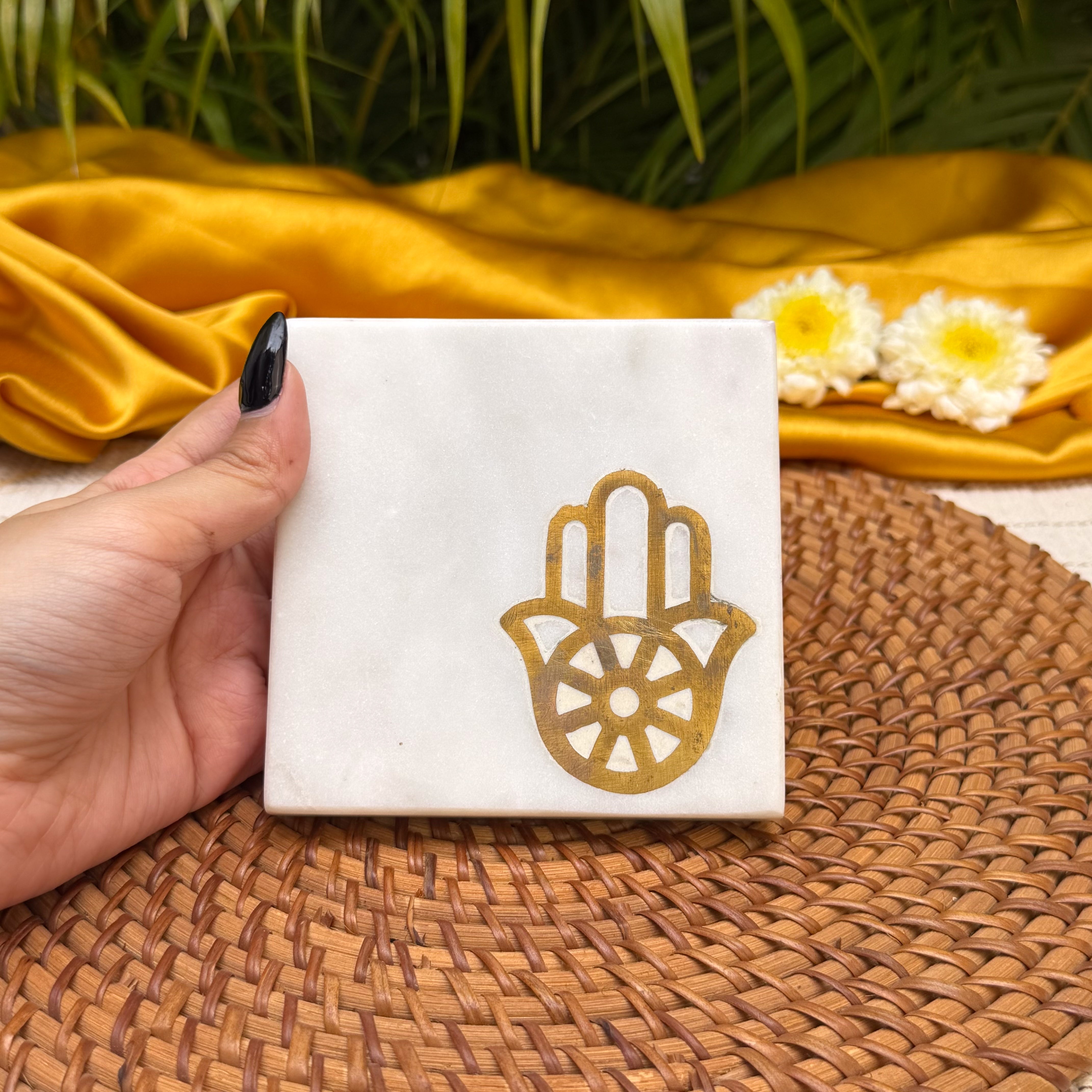 Ambi Hamsa Hand Marble Coaster Set of 2 | Elegant White Marble Drink Coasters with Brass Hamsa Design | Table Decor & Gifting
