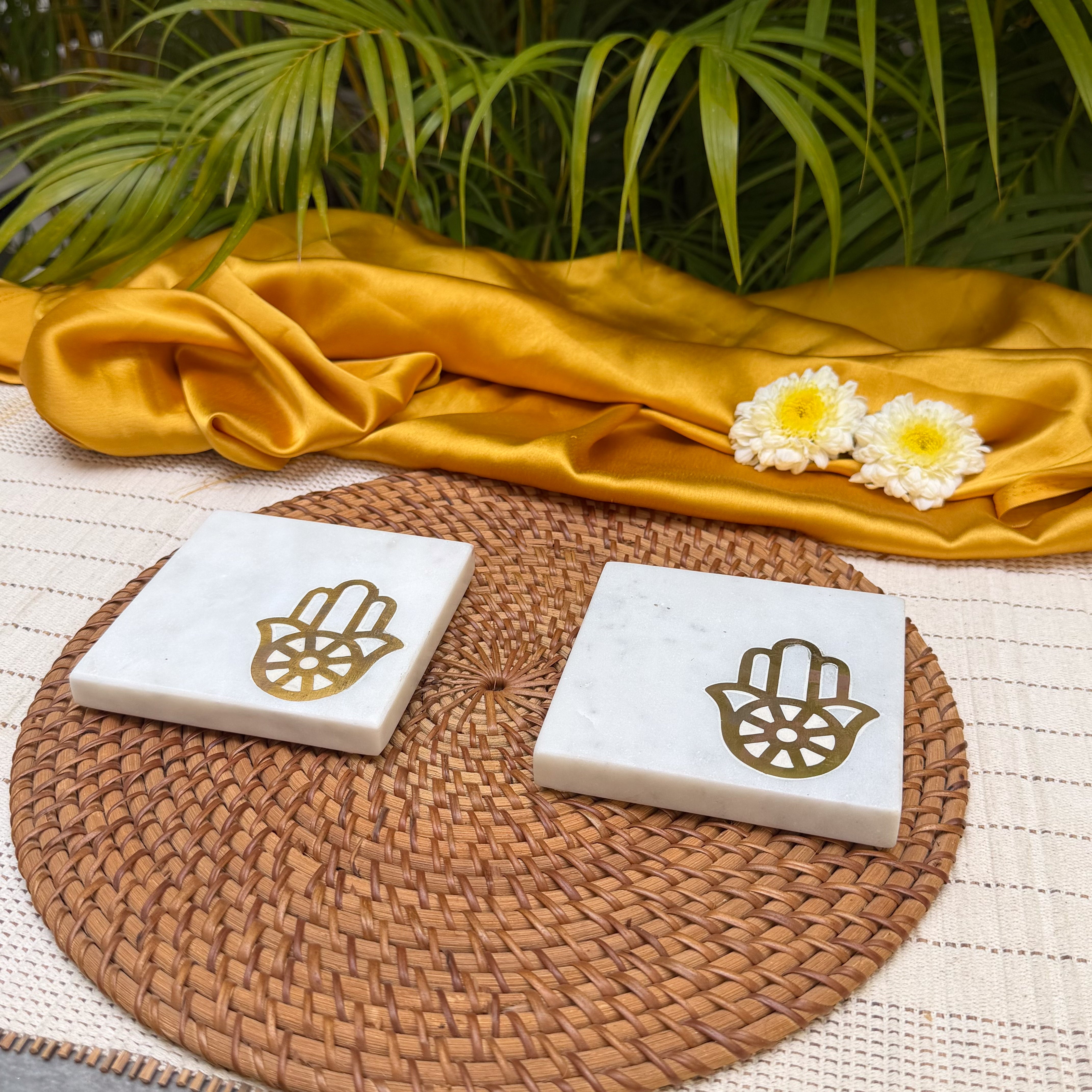 Ambi Hamsa Hand Marble Coaster Set of 2 | Elegant White Marble Drink Coasters with Brass Hamsa Design | Table Decor & Gifting