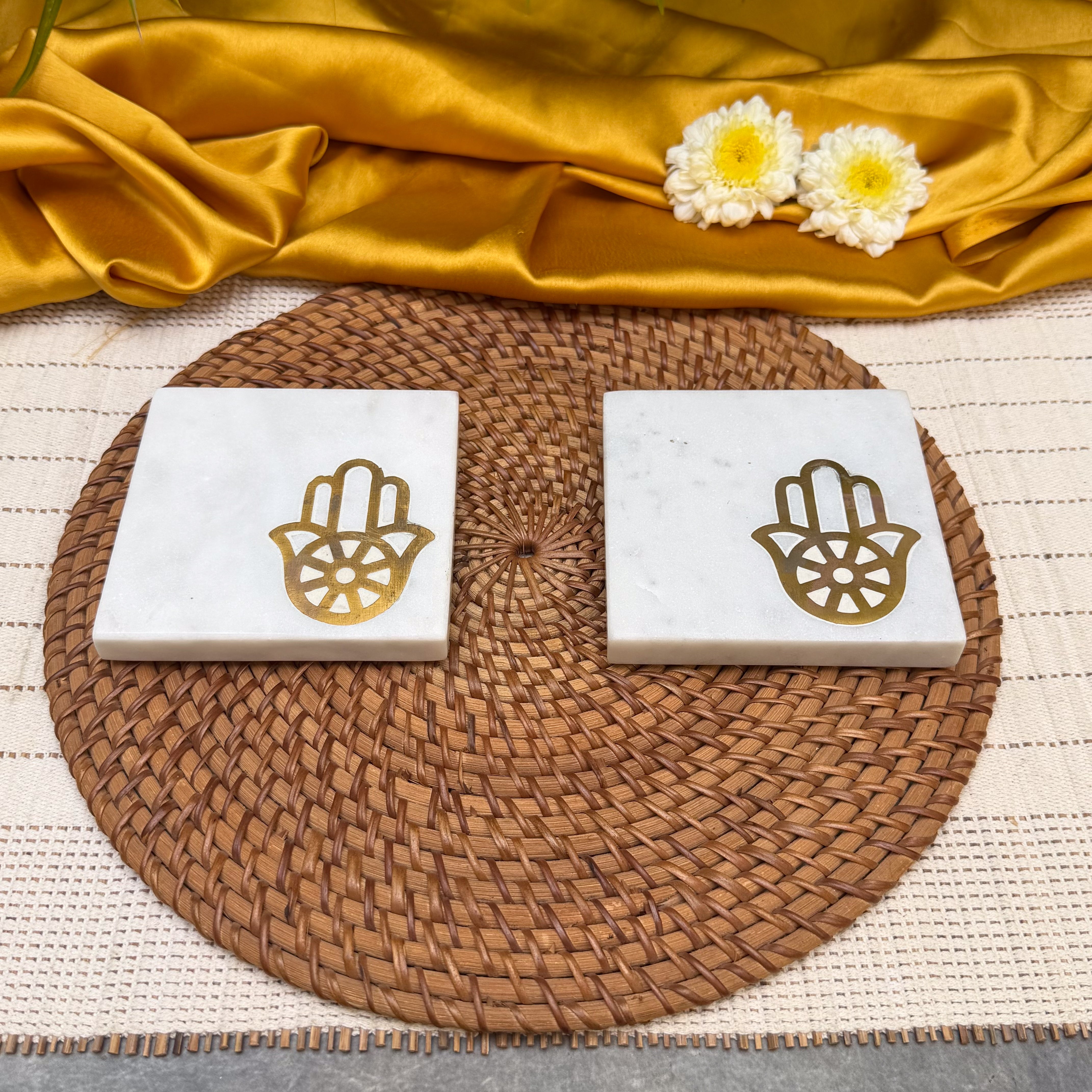 Ambi Hamsa Hand Marble Coaster Set of 2 | Elegant White Marble Drink Coasters with Brass Hamsa Design | Table Decor & Gifting