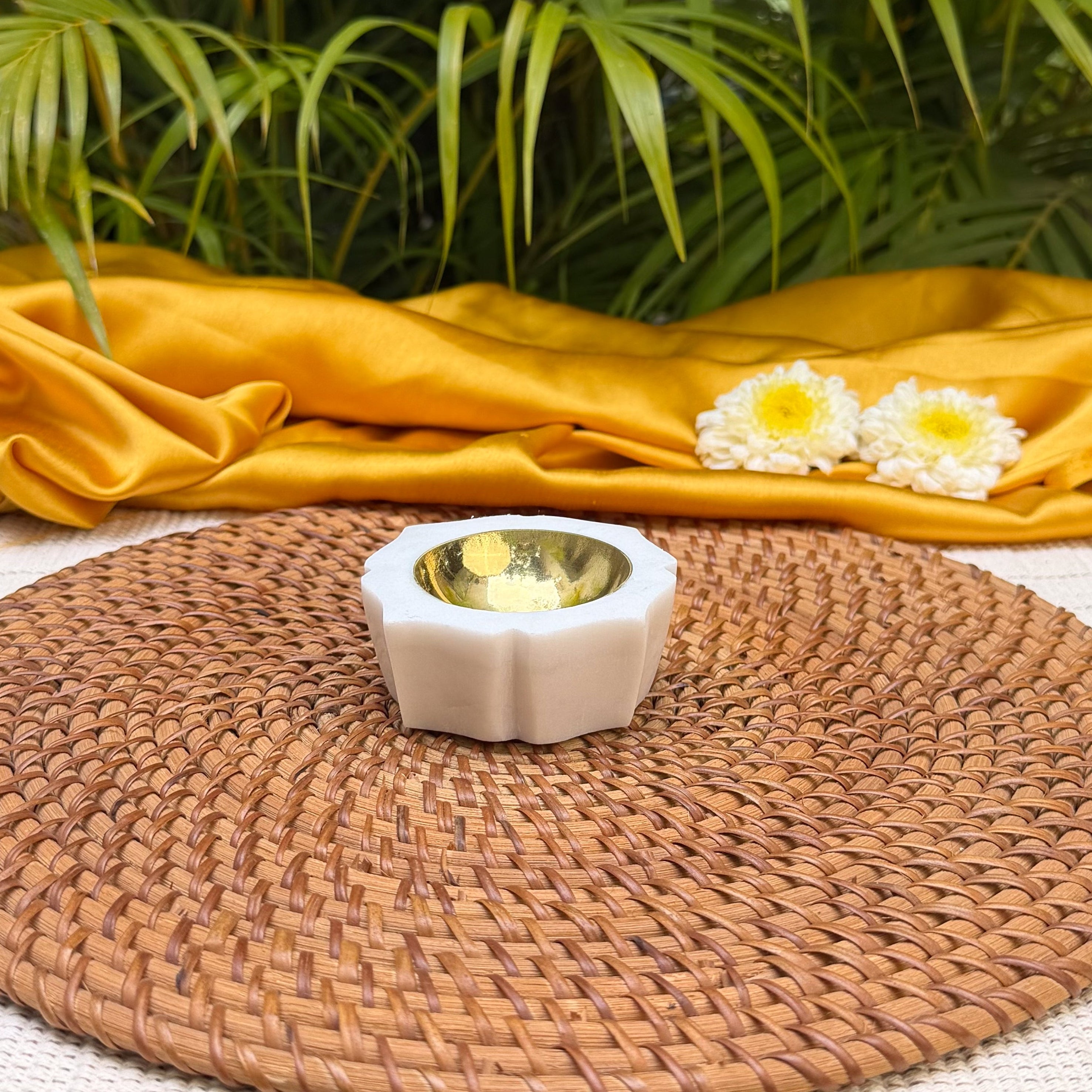 Ambi Brass & Marble Diya – Medium | Elegant Traditional Oil Lamp for Pooja, Festive Decor & Gifting
