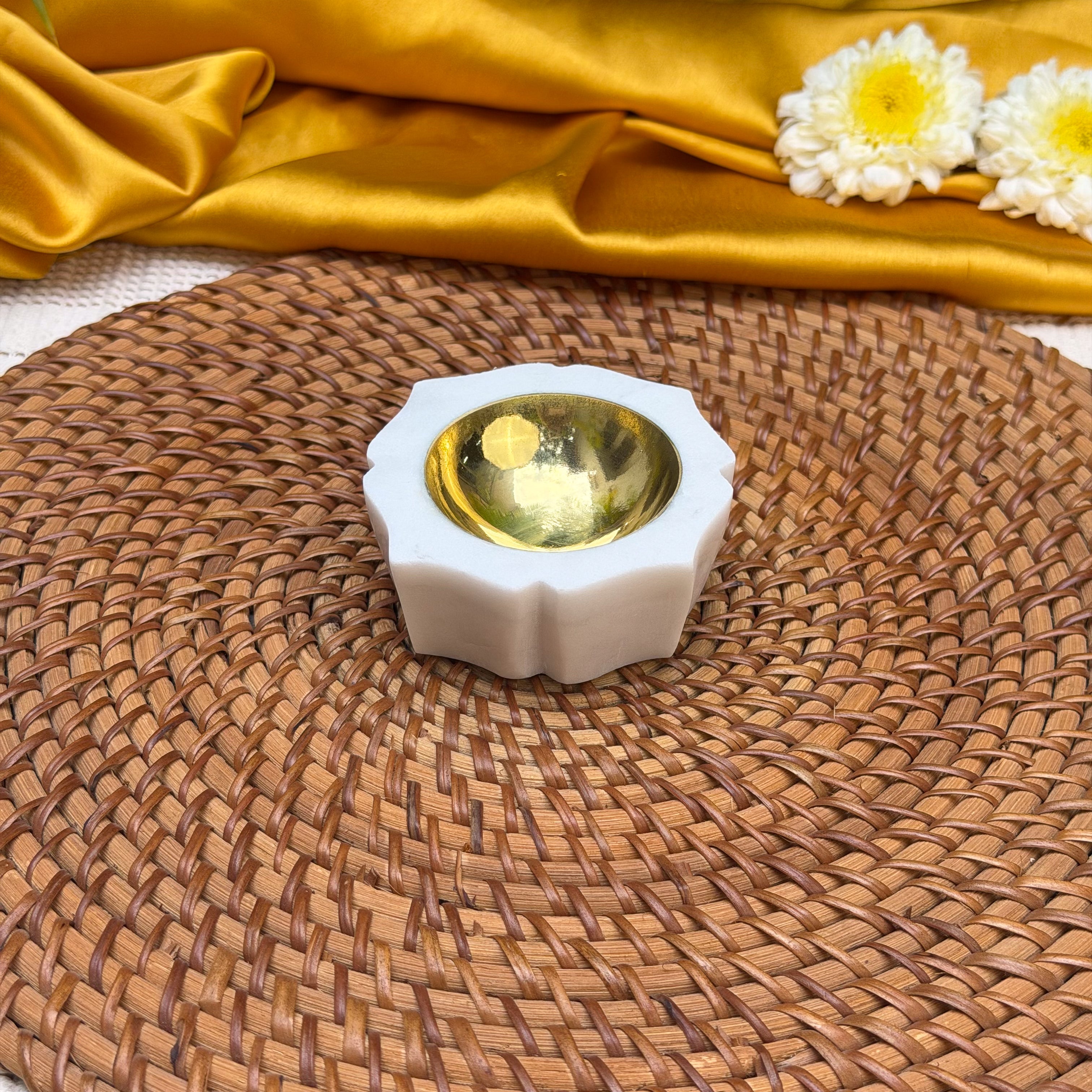 Ambi Brass & Marble Diya – Medium | Elegant Traditional Oil Lamp for Pooja, Festive Decor & Gifting