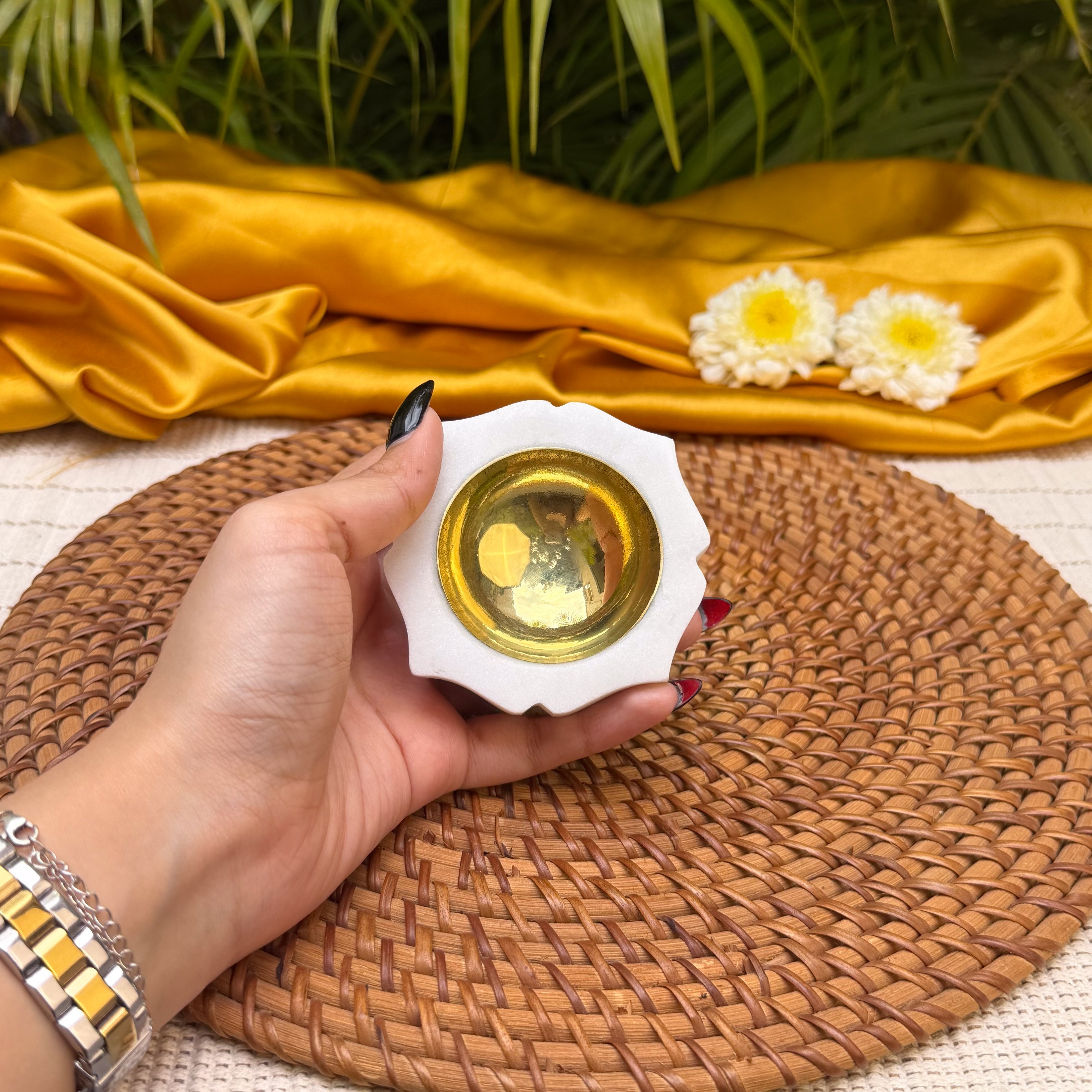Ambi Brass & Marble Diya – Small | Elegant Traditional Oil Lamp for Pooja, Festive Decor & Gifting