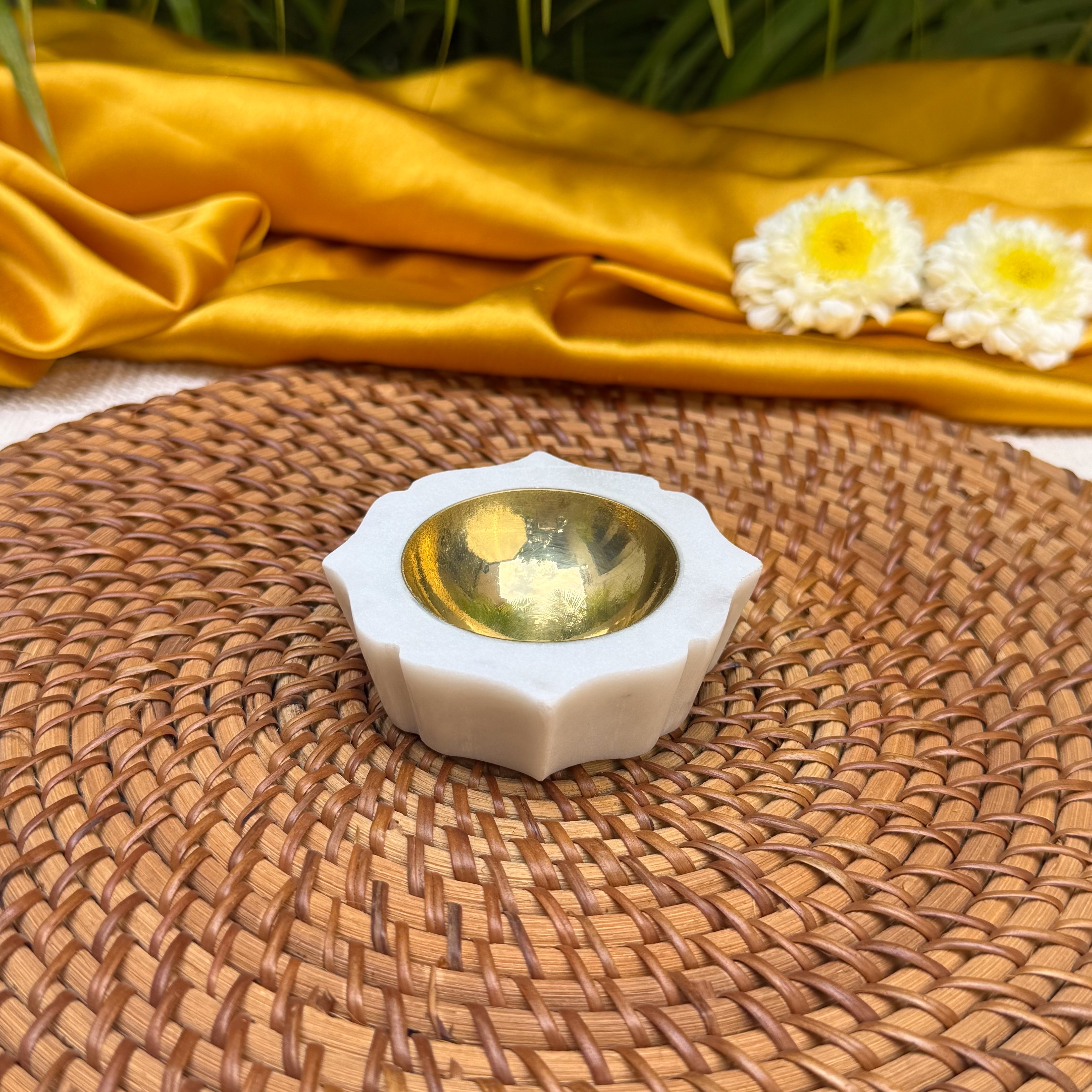 Ambi Brass & Marble Diya – Small | Elegant Traditional Oil Lamp for Pooja, Festive Decor & Gifting