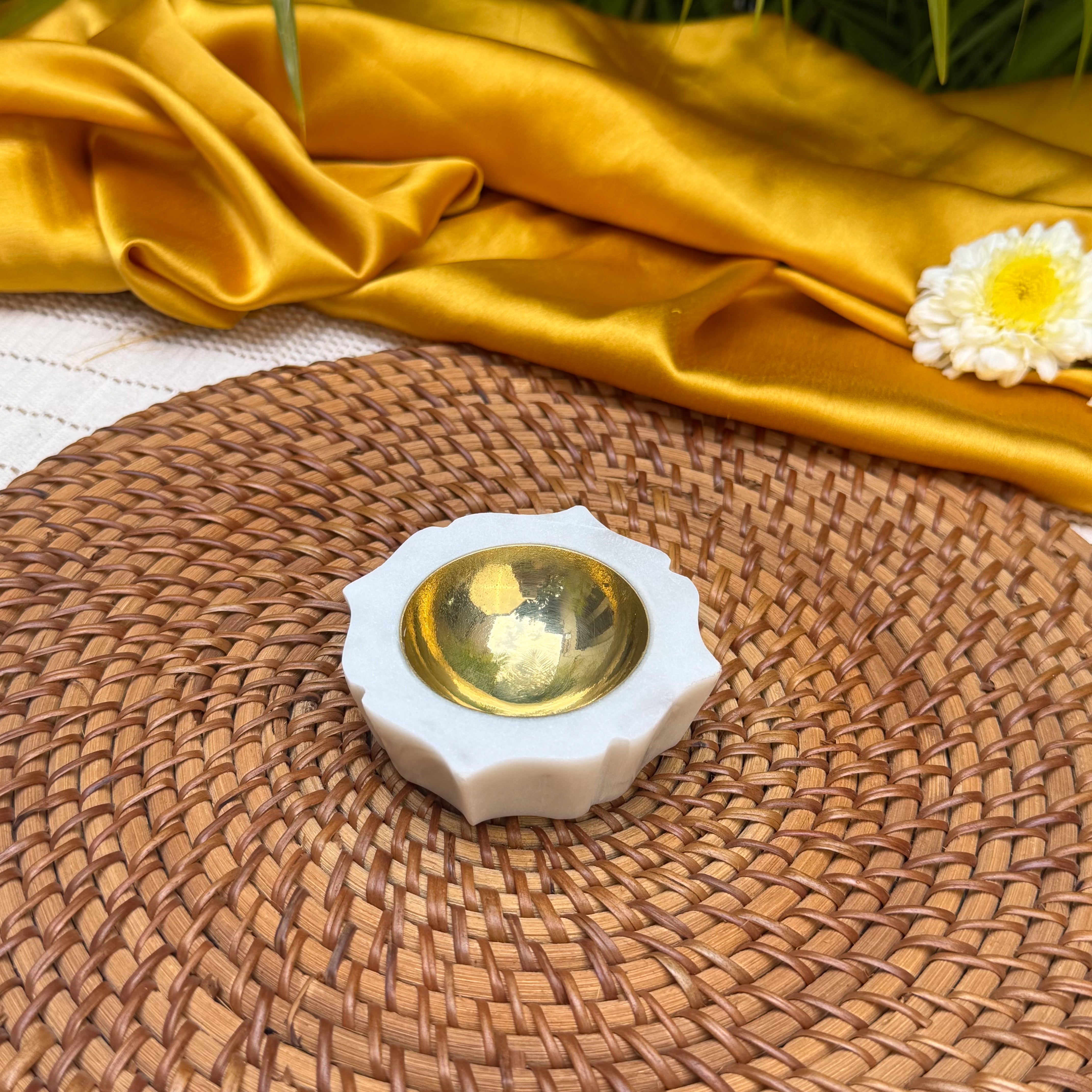 Ambi Brass & Marble Diya – Small | Elegant Traditional Oil Lamp for Pooja, Festive Decor & Gifting