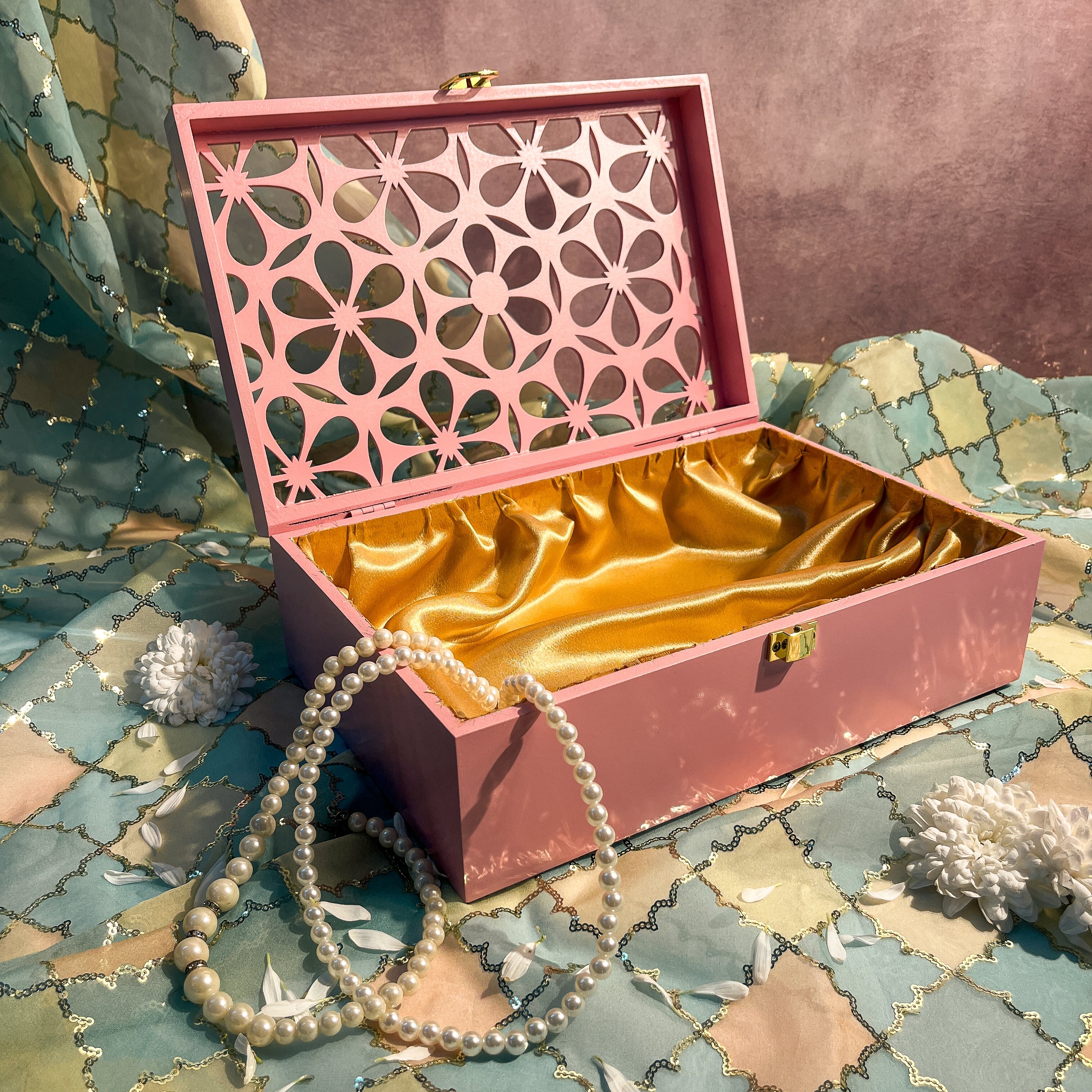 AMBI Premium Floral Jaali Wooden Gift Box Curated for Meaningful Celebrations – Blush Pink