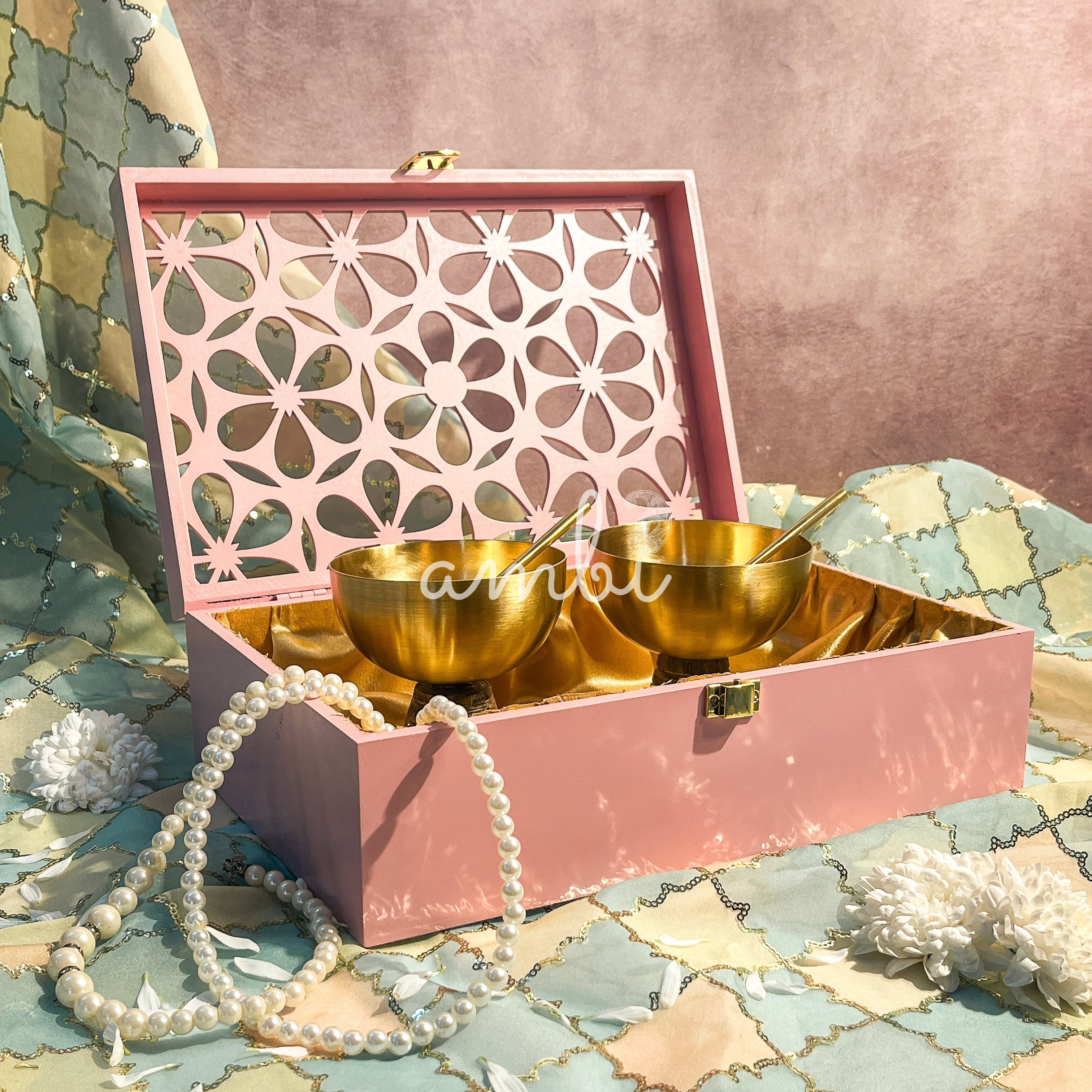 AMBI Premium Floral Jaali Wooden Gift Box with Brass Dessert Bowl (with spoon) - Set of 2