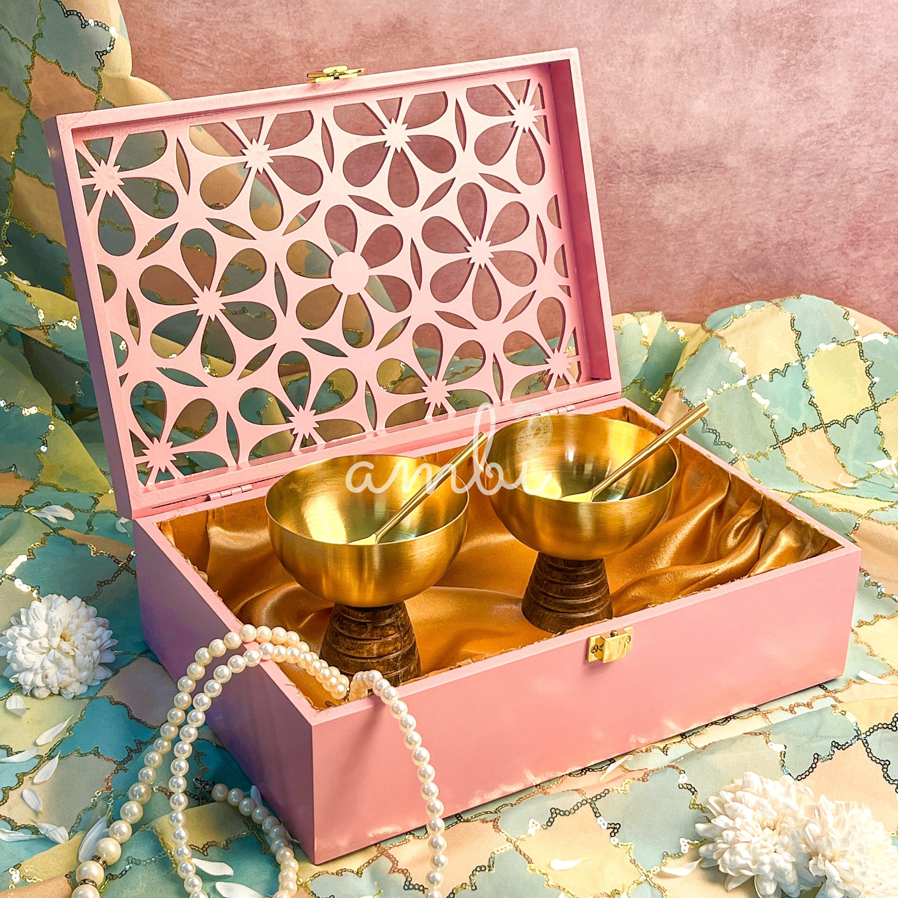 AMBI Premium Floral Jaali Wooden Gift Box with Brass Dessert Bowl (with spoon) - Set of 2