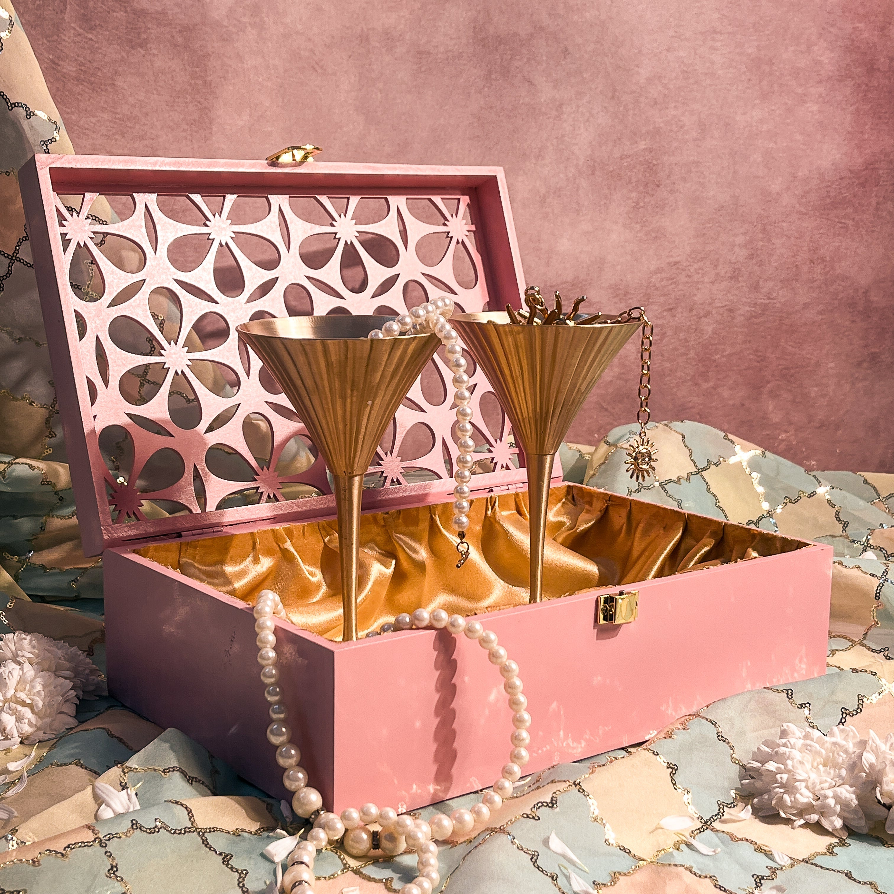 AMBI Premium Floral Jaali Wooden Gift Box with Vintage-Inspired Pure Kansa Wine / Cocktail / Martini Glasses – Matte Finish Set of- 2