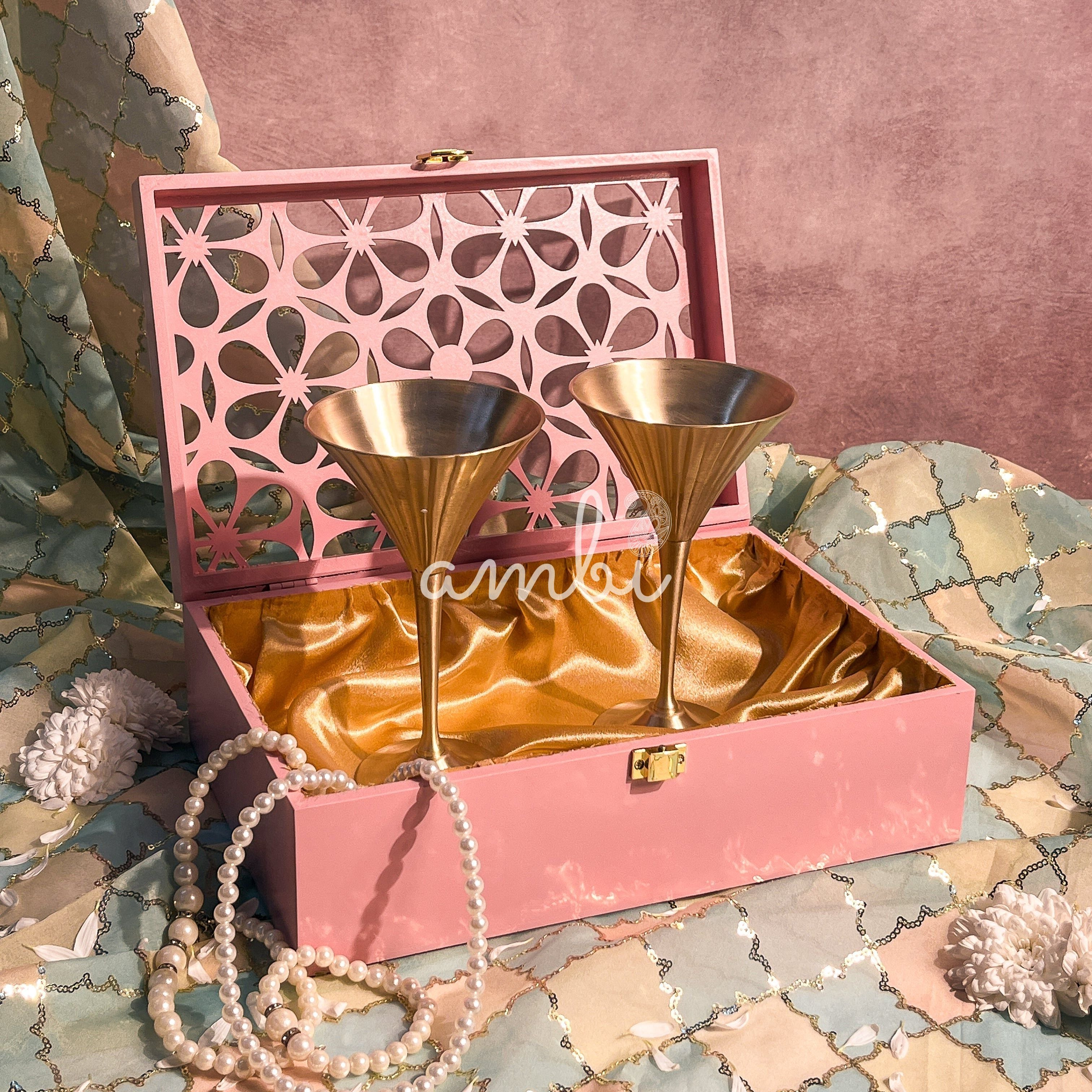 AMBI Premium Floral Jaali Wooden Gift Box with Vintage-Inspired Pure Kansa Wine / Cocktail / Martini Glasses – Matte Finish Set of- 2
