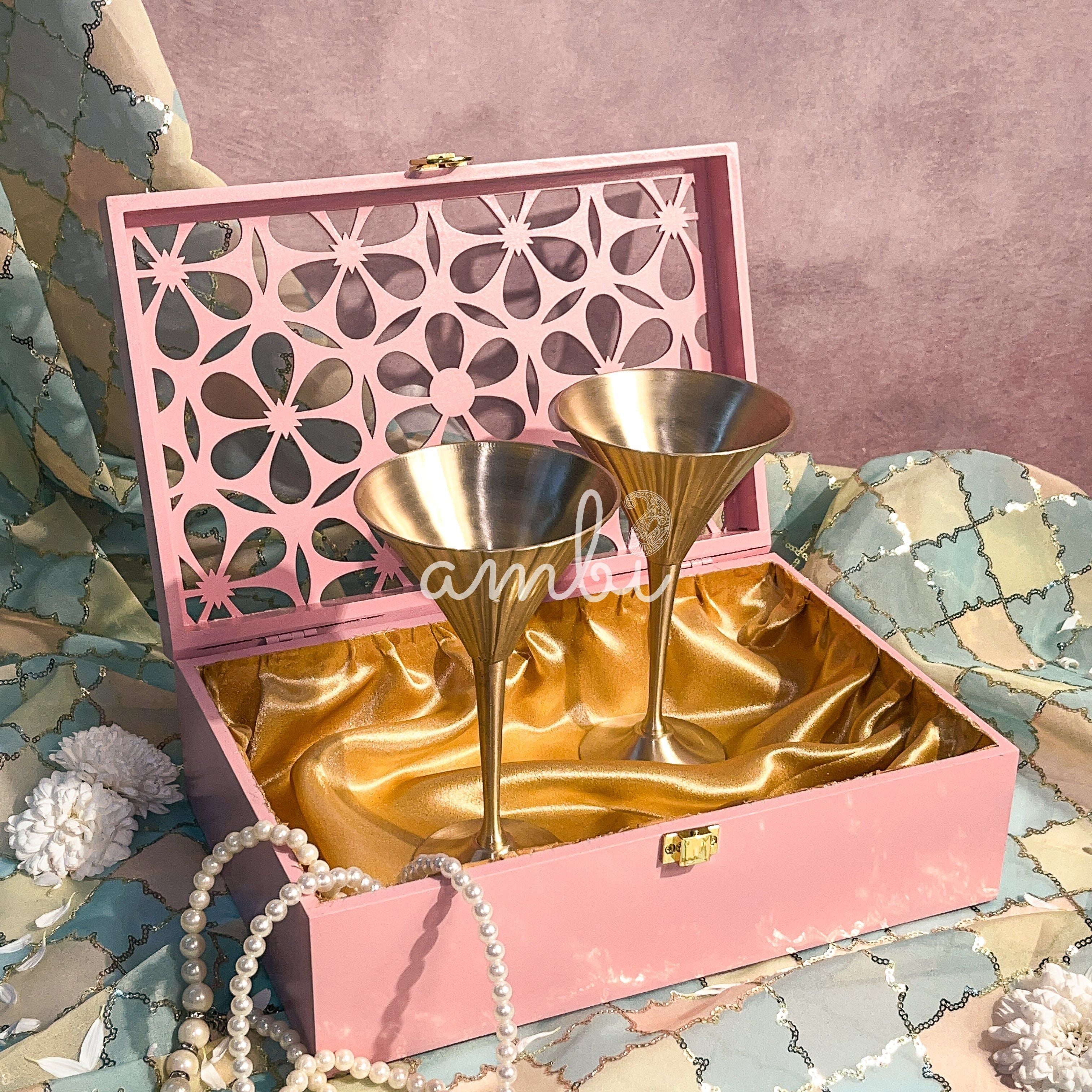 AMBI Premium Floral Jaali Wooden Gift Box with Vintage-Inspired Pure Kansa Wine / Cocktail / Martini Glasses – Matte Finish Set of- 2