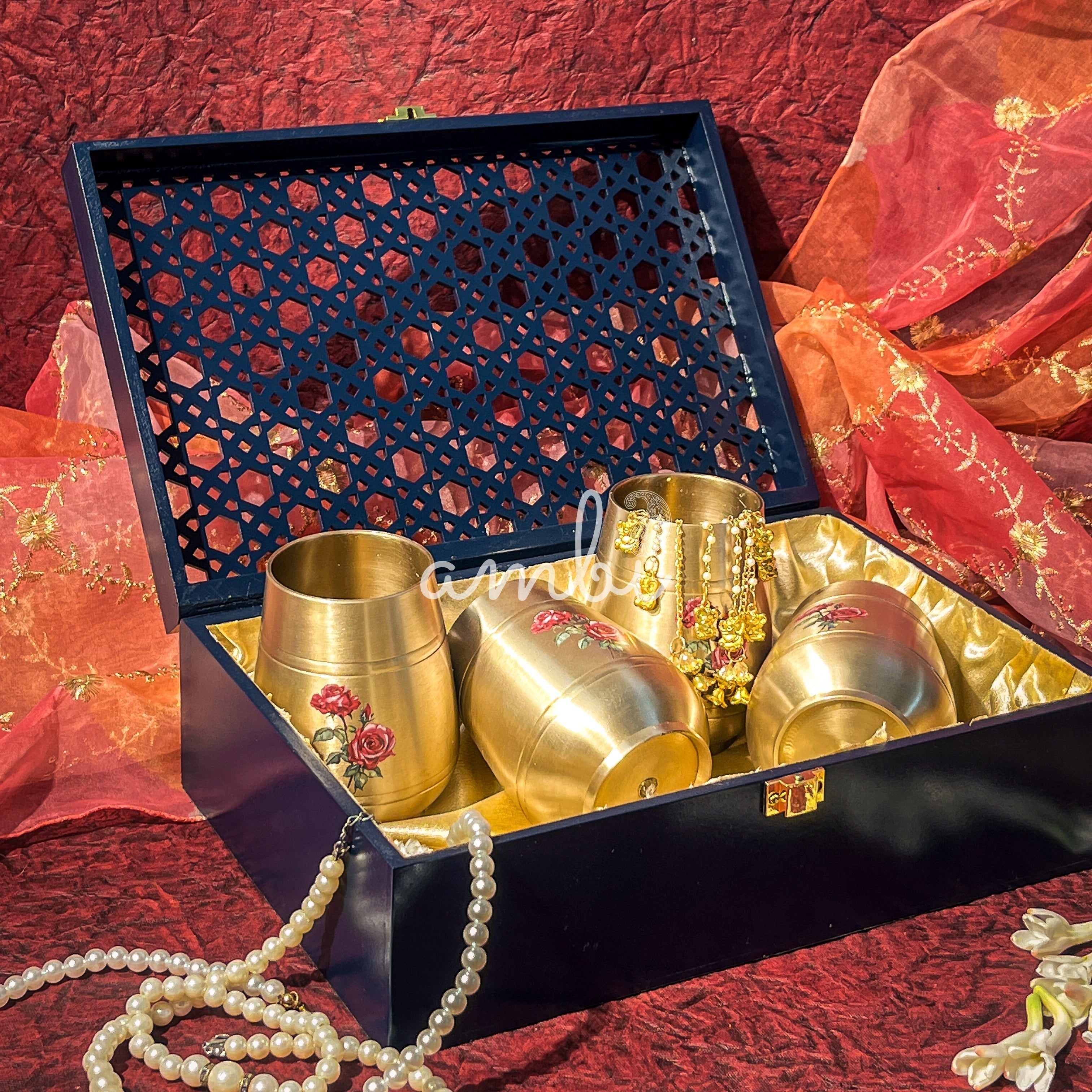 Ambi Pure Kansa Floral Hand Painted Finish Rose Damru Glass 350 ml (Set of 4) I Noor Jaali Gift Box