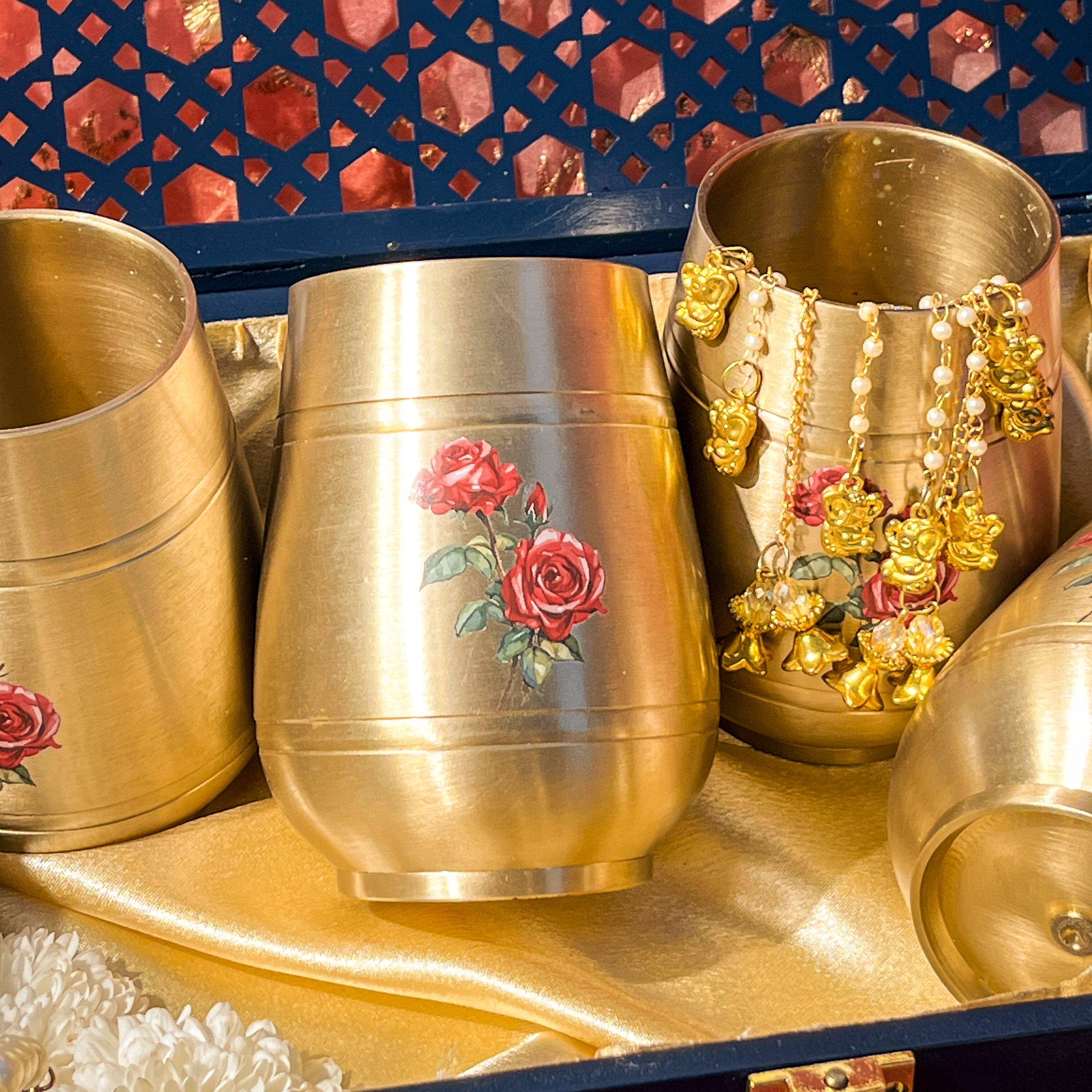 Ambi Pure Kansa Floral Hand Painted Finish Rose Damru Glass 350 ml (Set of 4) I Noor Jaali Gift Box