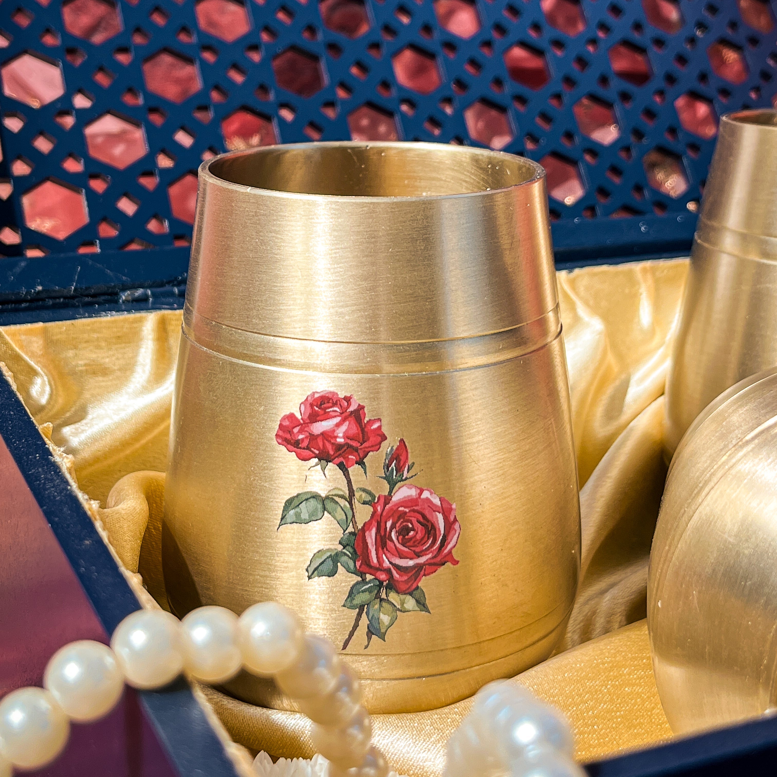 Ambi Pure Kansa Floral Hand Painted Finish Rose Damru Glass 350 ml (Set of 4) I Noor Jaali Gift Box