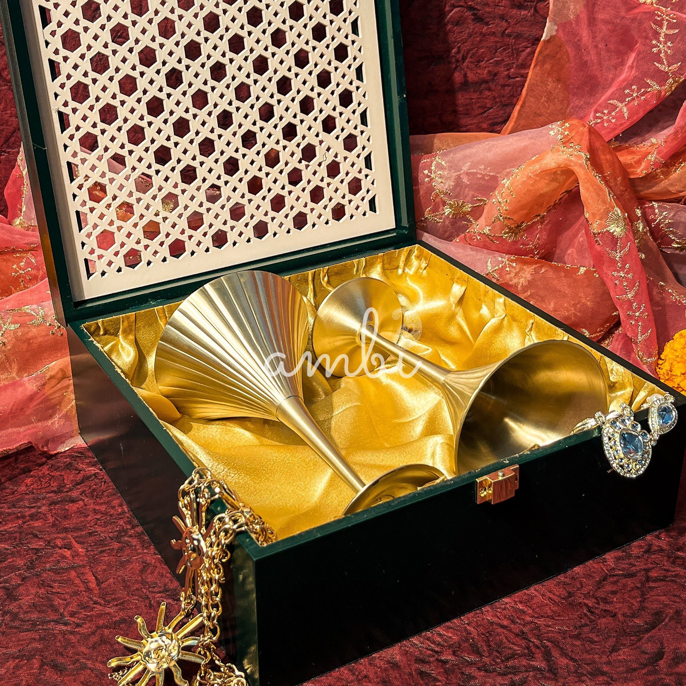 AMBI Noor Ivory Jaali Handcrafted Wooden Gift Box with Vintage-Inspired Pure Kansa Wine / Cocktail / Martini Glasses –  Set of- 2