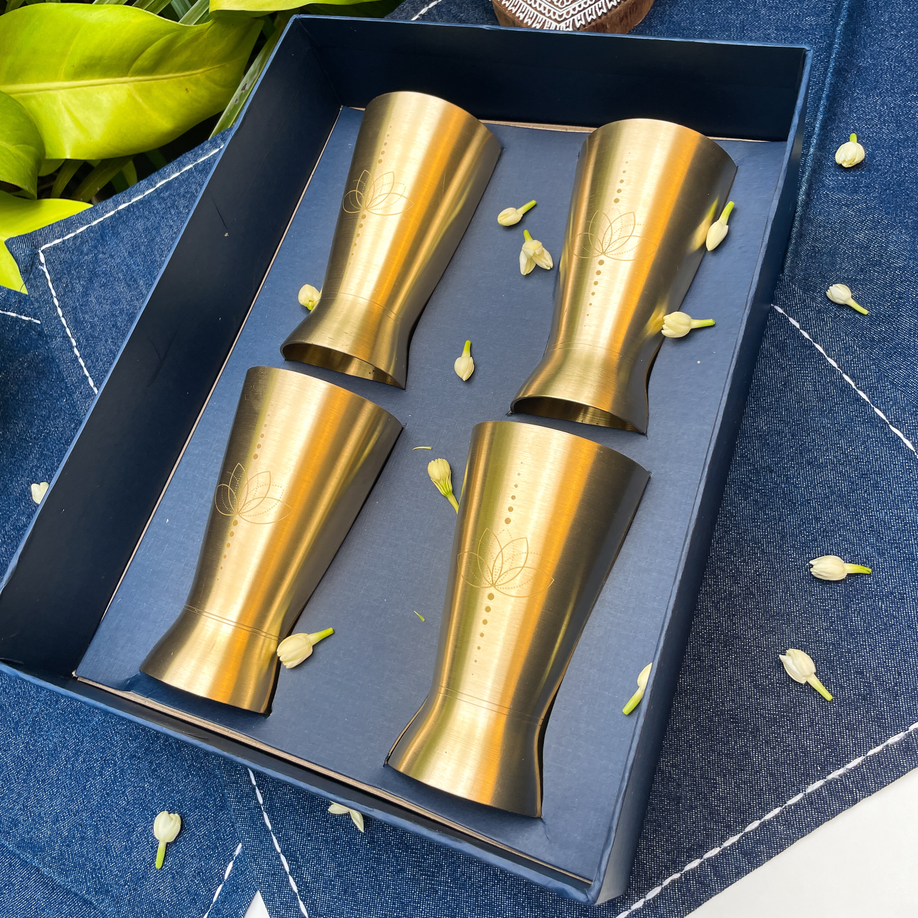 Ambi Gift Set – 4 Lead-Free, 100% Pure Kansa Etched Glasses – Zen Lotus