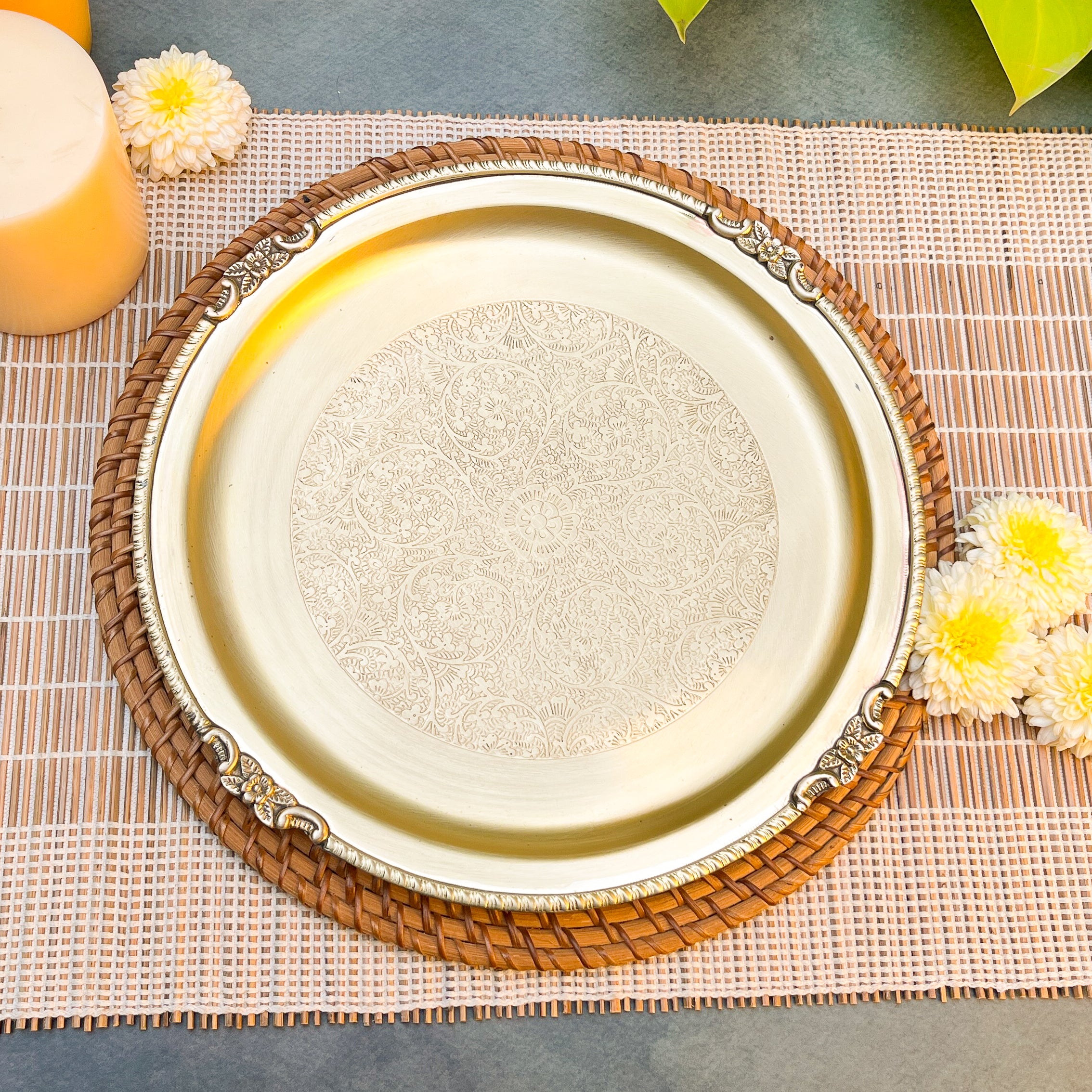 Ambi Vintage Brass Plate with Intricate Hand Engraving