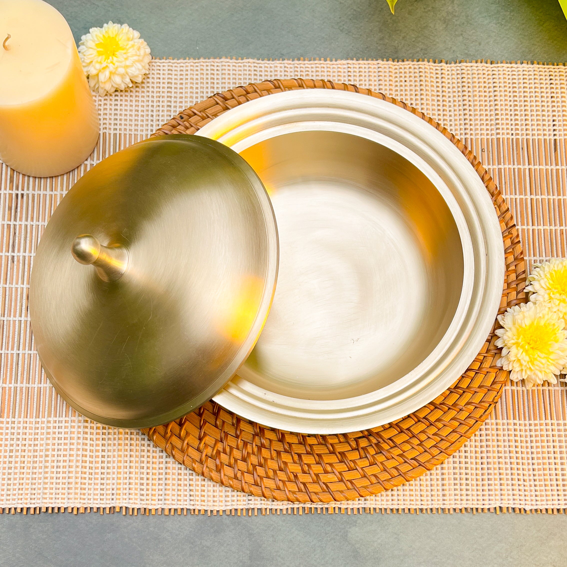 Ambi Lead Free 100% Pure Kansa Serving Handi with Dome Lid Medium