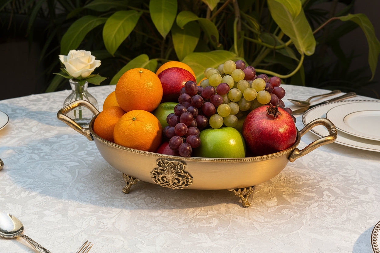 Ambi Lead Free Pure Brass Oval Serving Bowl with Beaded Rim & Ornate Feet