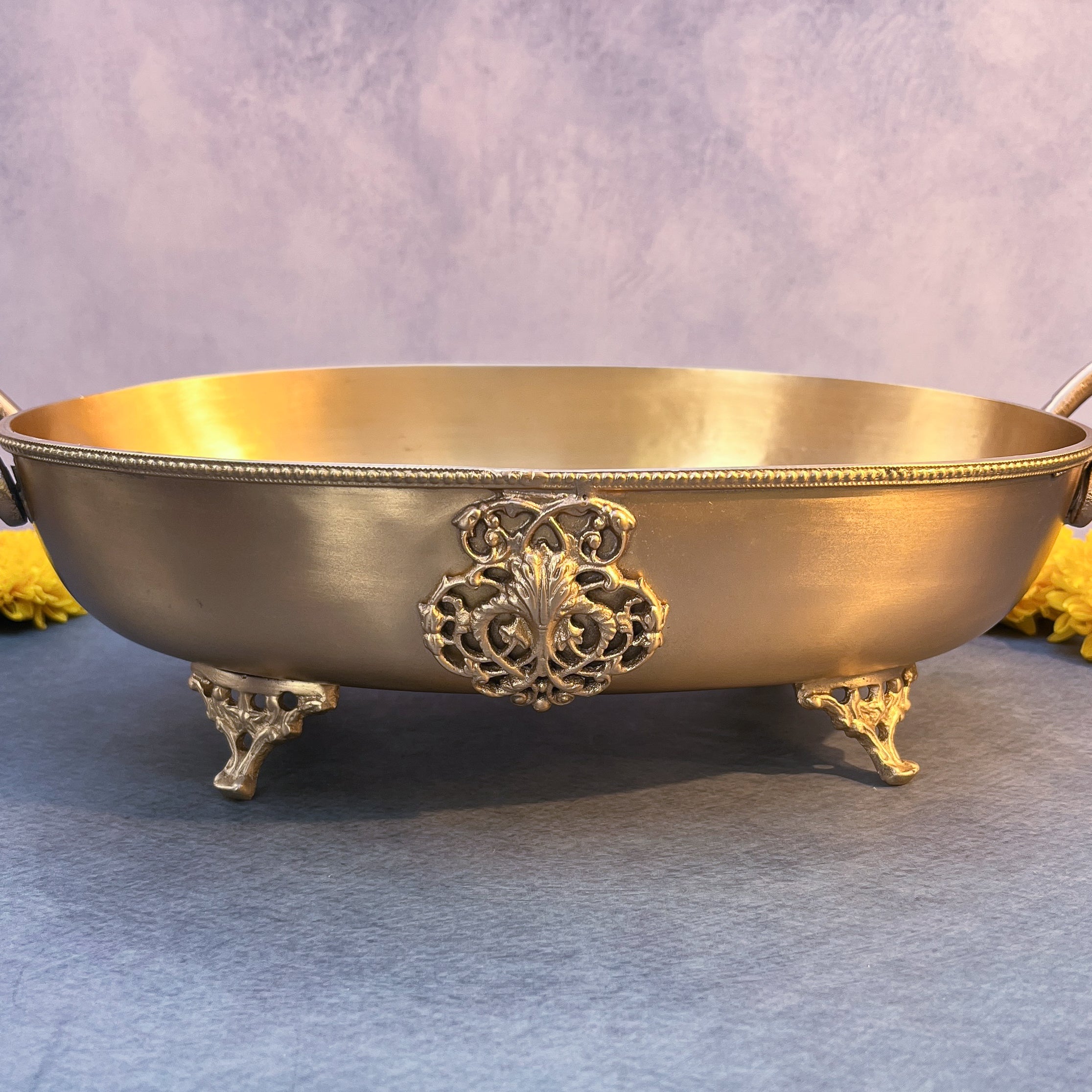 Ambi Lead Free Pure Brass Oval Serving Bowl with Beaded Rim & Ornate Feet
