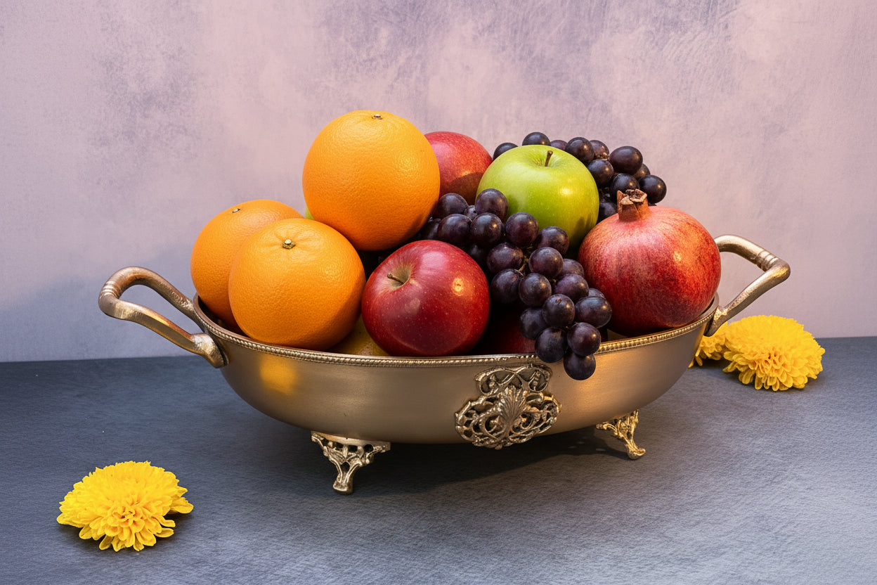 Ambi Lead Free Pure Brass Oval Serving Bowl with Beaded Rim & Ornate Feet