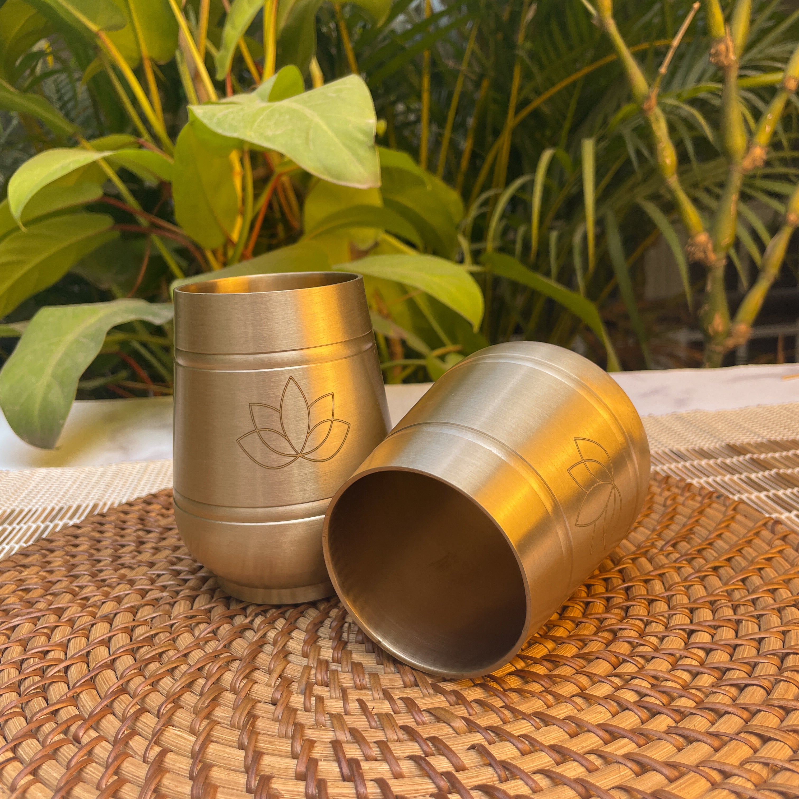 AMBI Pure 100% Lead Free Kansa Damru Shaped Water Glass -with Laser Cut Lotus Design 330 ml