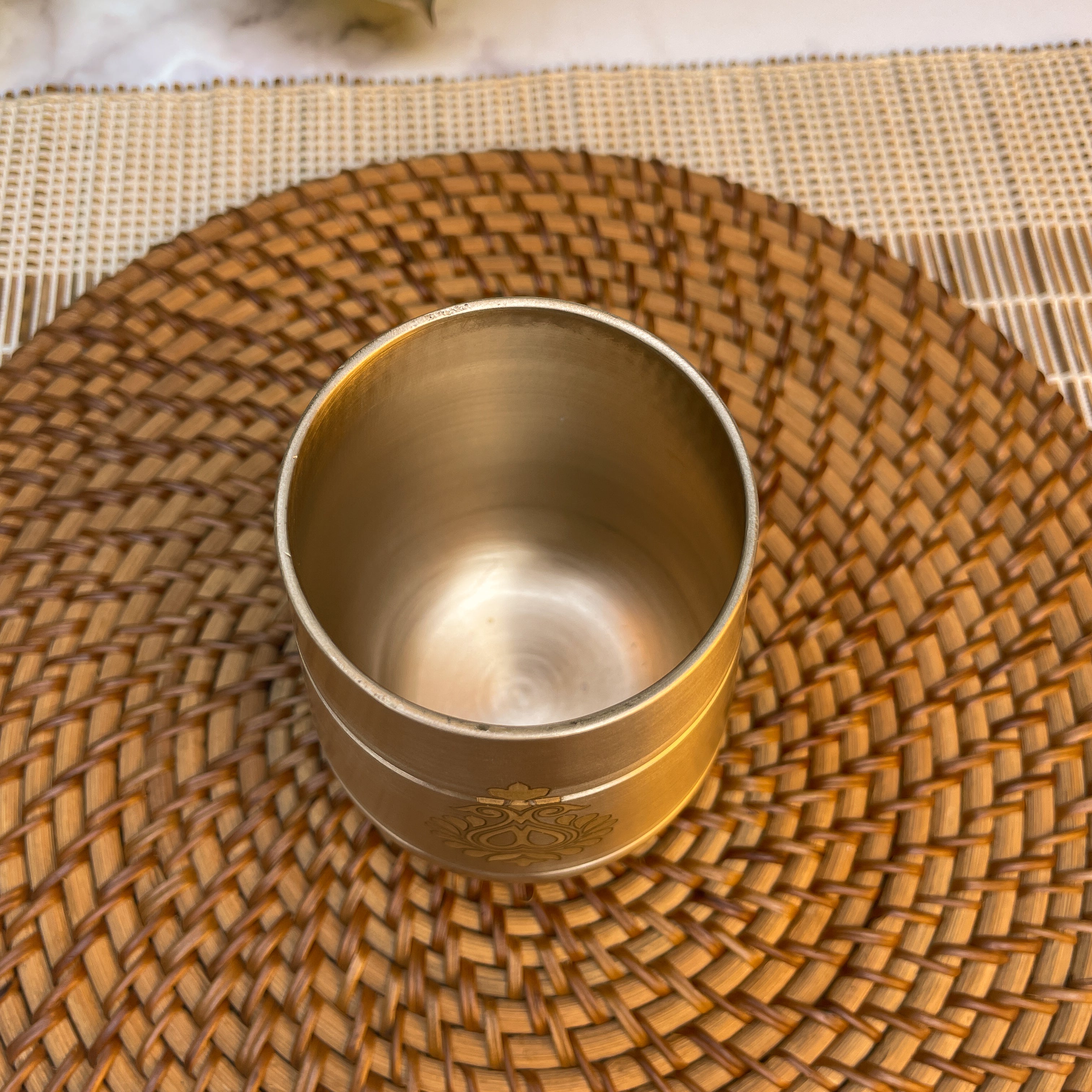 AMBI Pure 100% Lead Free Kansa Damru Shaped Water Glass -with Laser Cut Floral Paisley Design 330 ml