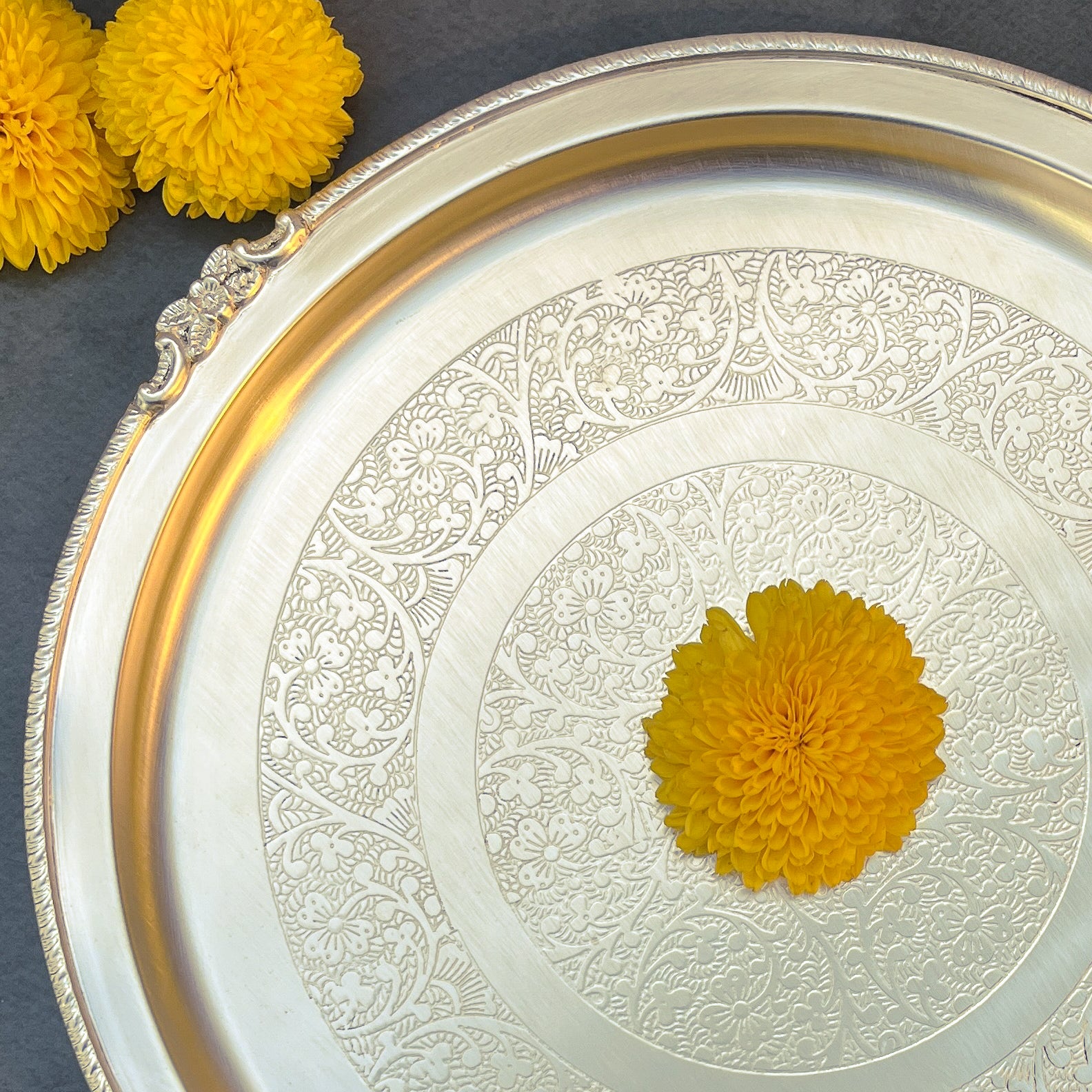 Ambi Elegant Large Matt Pure Brass Plate with Intricate Engraving 12 inch