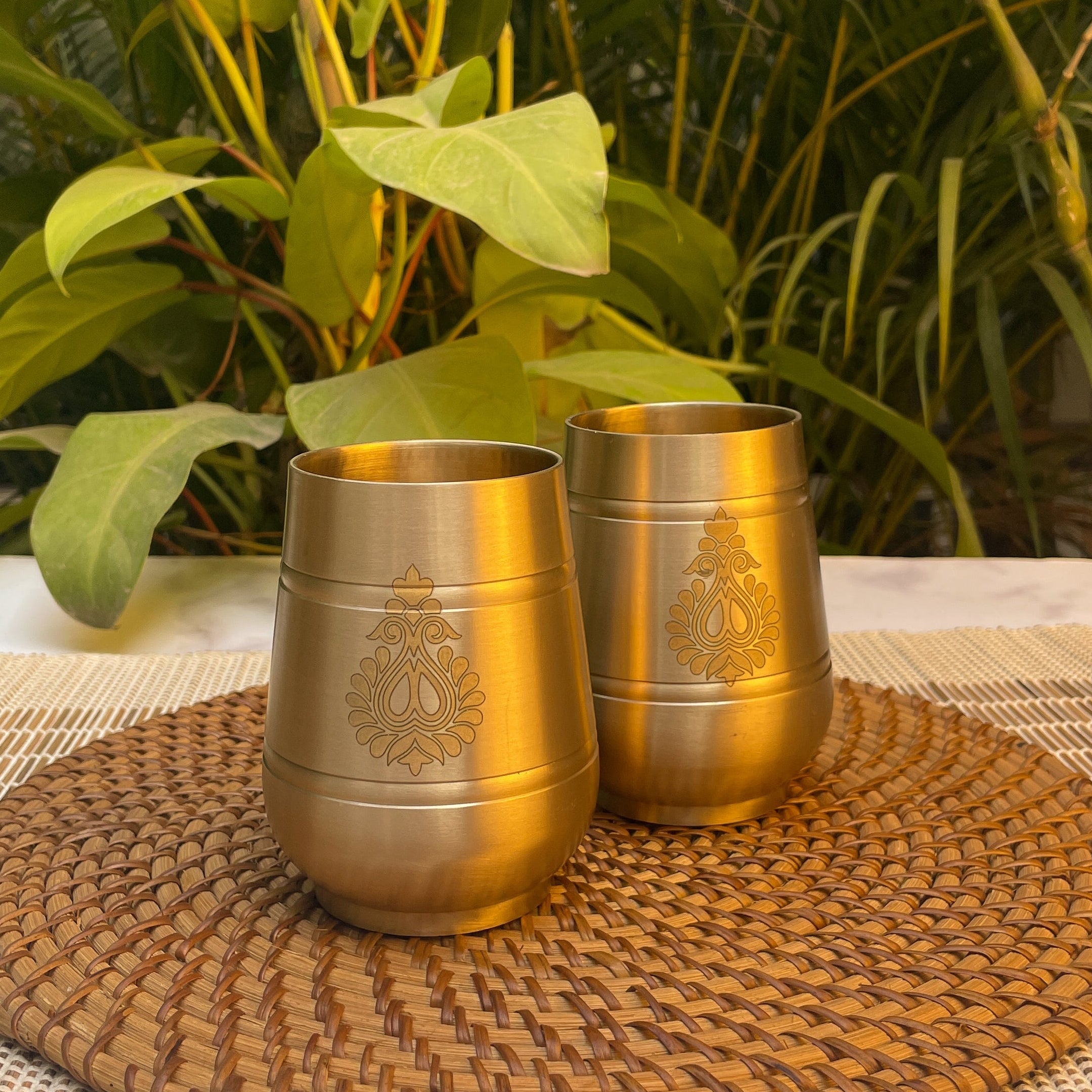 AMBI Pure 100% Lead Free Kansa Damru Shaped Water Glass -with Laser Cut Floral Paisley Design 330 ml