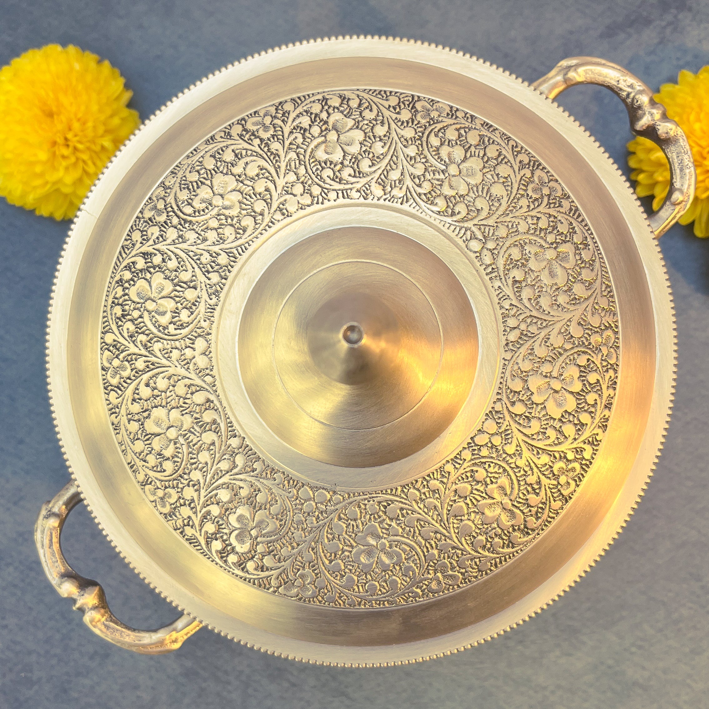 AMBI Regal Hand-Engraved Brass Serving Bowl with Lid & Handles Medium