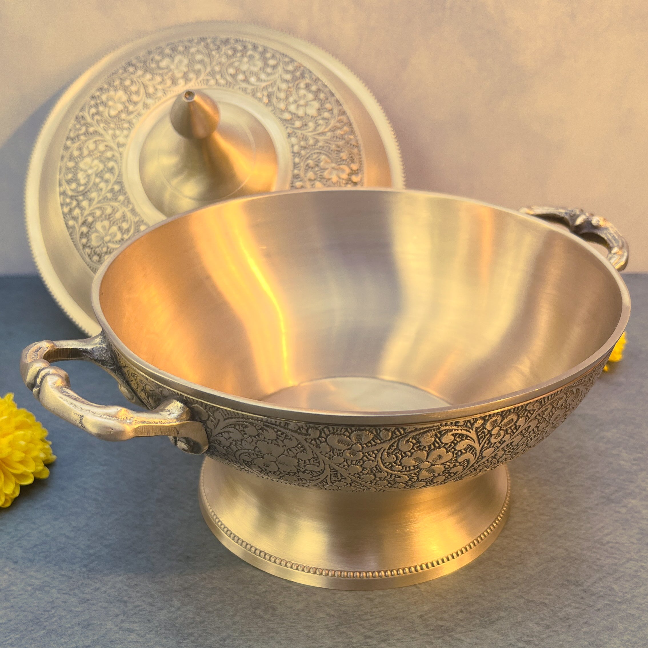 AMBI Regal Hand-Engraved Brass Serving Bowl with Lid & Handles Medium