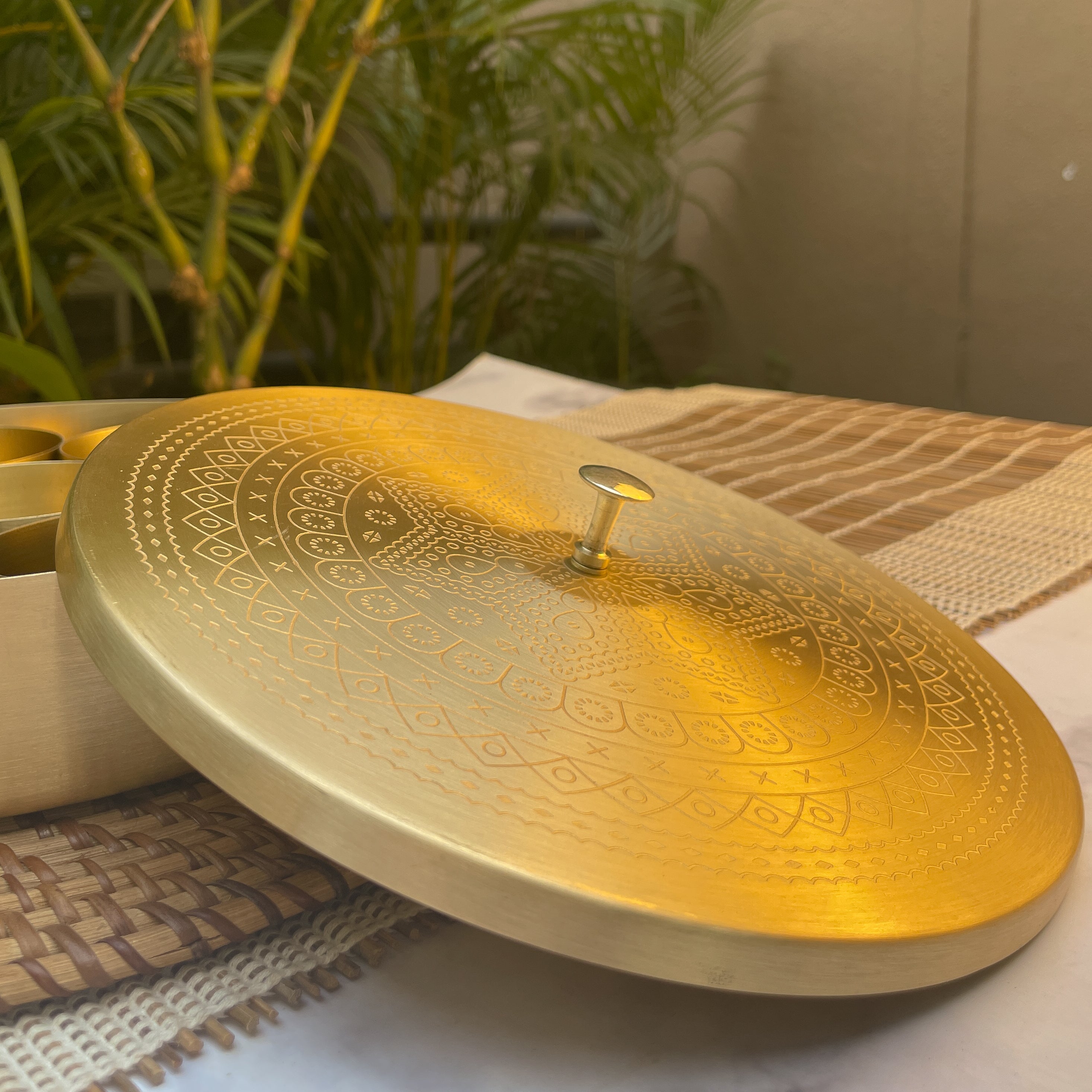 Ambi Pure Brass Spice Chest Masala Daani - Mandala Pattern - 8 Inches