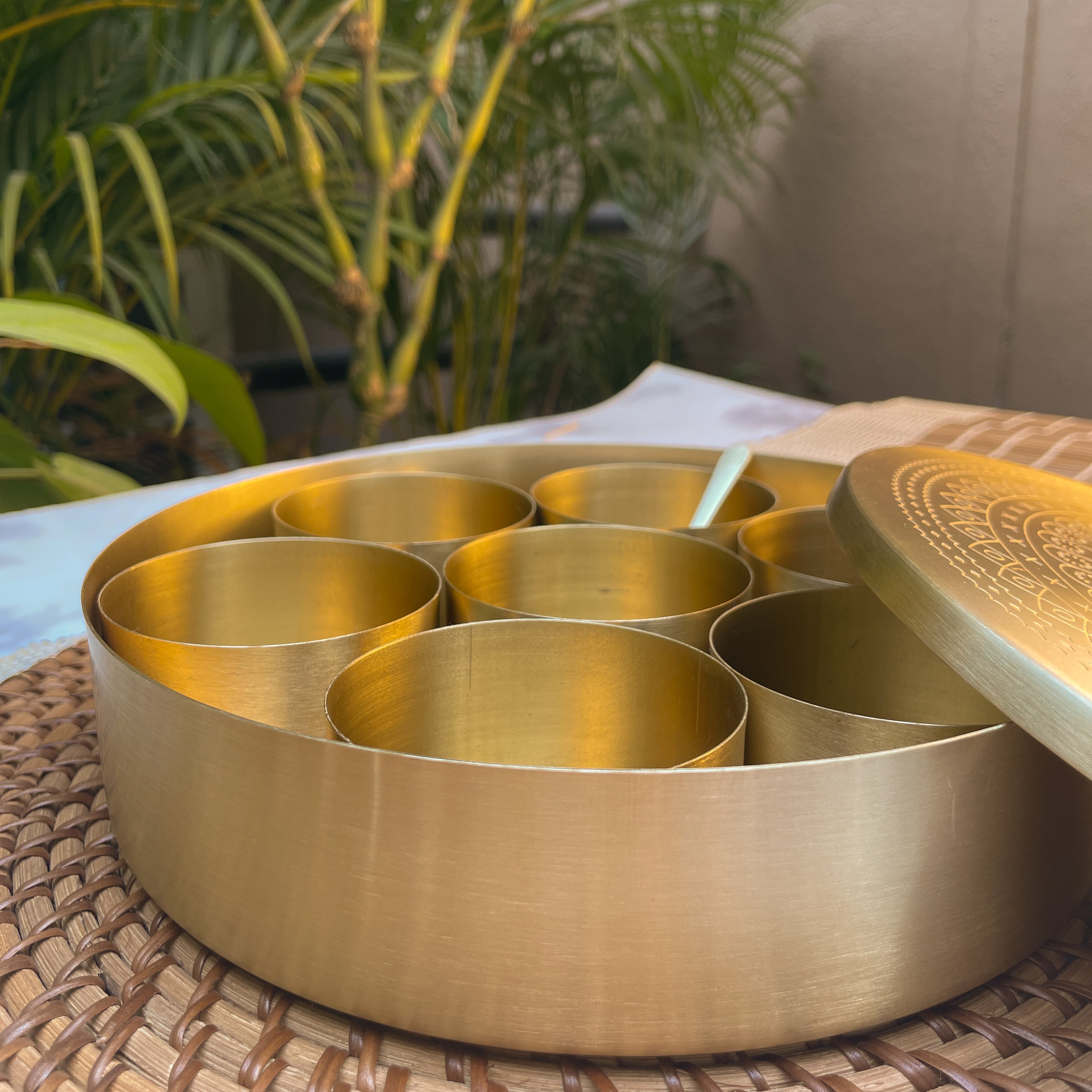 Ambi Pure Brass Spice Chest Masala Daani - Mandala Pattern - 8 Inches