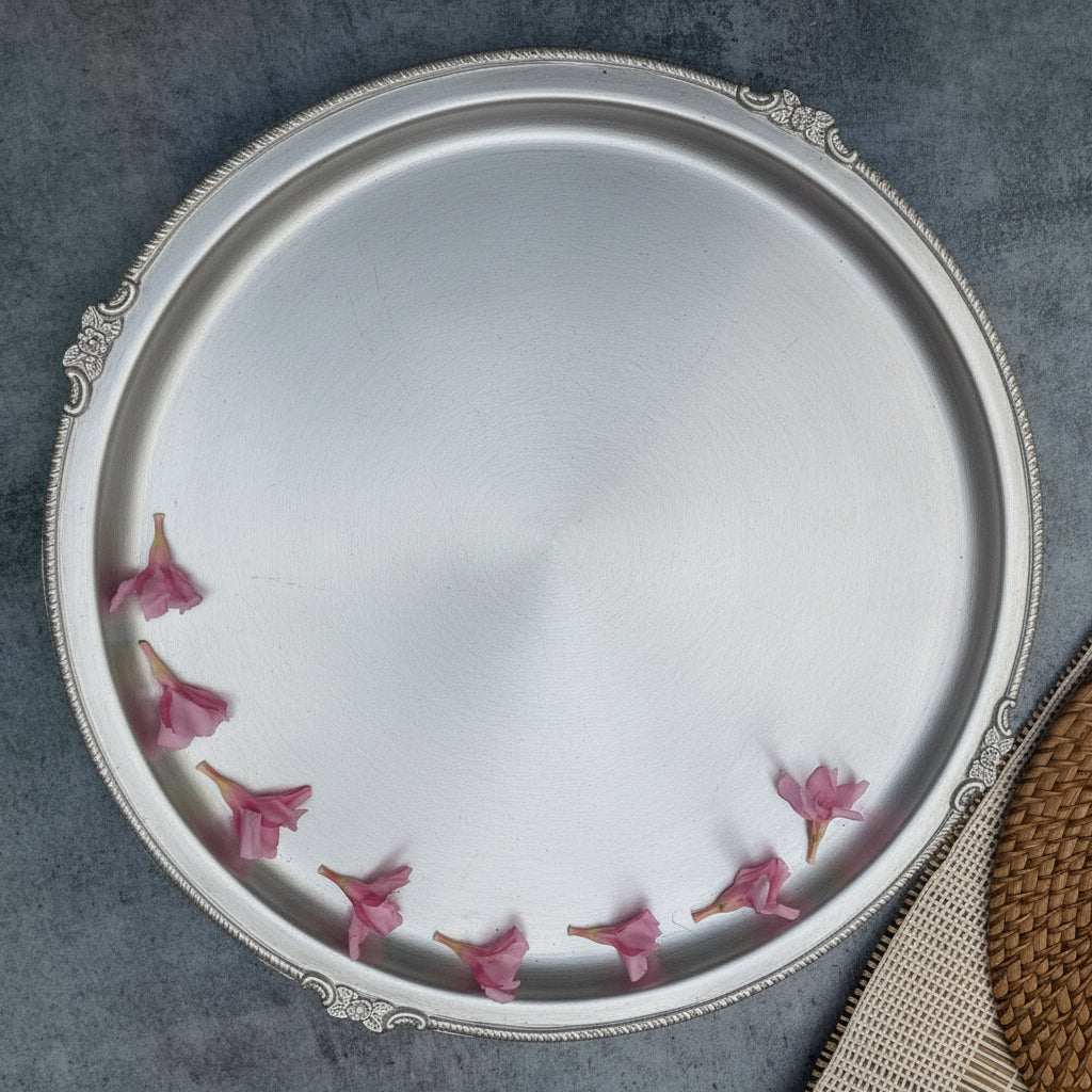 Ambi Royal Matte Silver-Plated Pure Brass Matt Thali Set with Engraved Borders Details – 9 Pieces