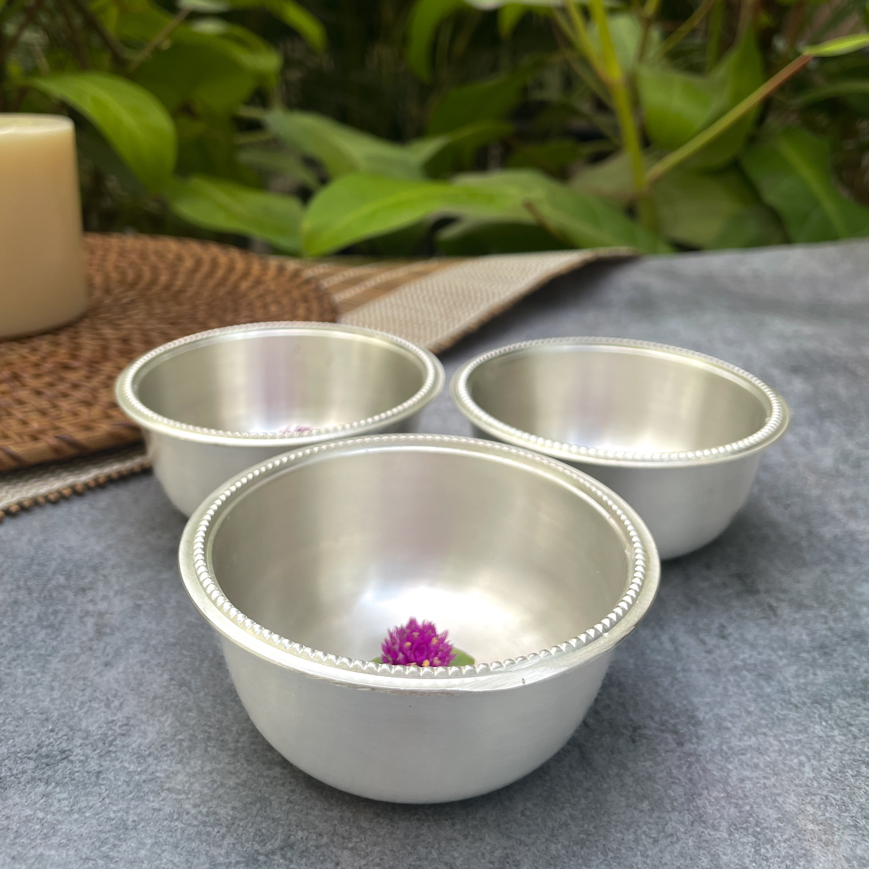 Ambi Royal Matte Silver-Plated Pure Brass Matt Thali Set with Engraved Borders Details – 9 Pieces