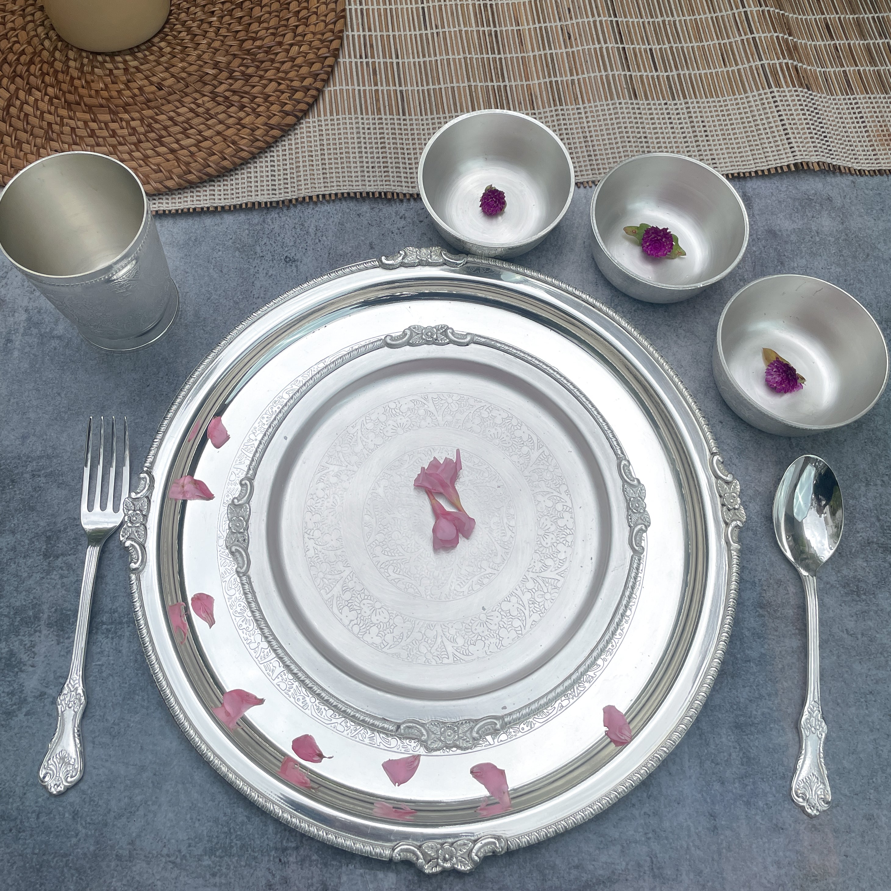 Ambi Pure Silver Plated Brass Royal Glossy Thali Set with Engraved Details – 8 Pieces