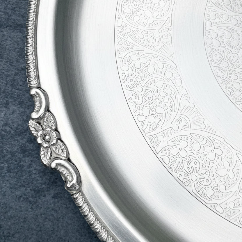 Ambi Elegant Large Matt Pure Silver Brass Plate with Intricate Engraving 12 inch