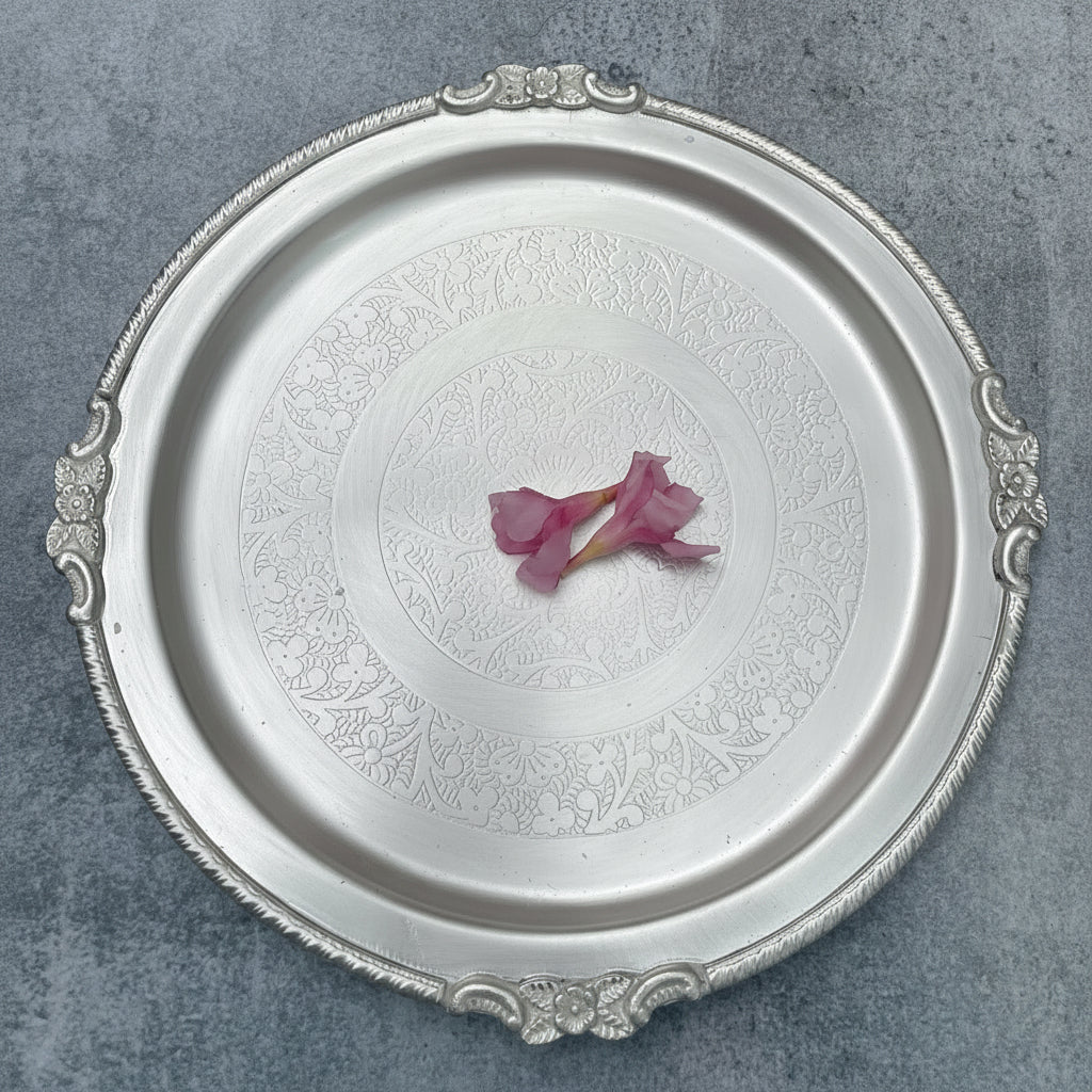 Ambi Pure Silver Plated Brass Royal Glossy Thali Set with Engraved Details – 8 Pieces