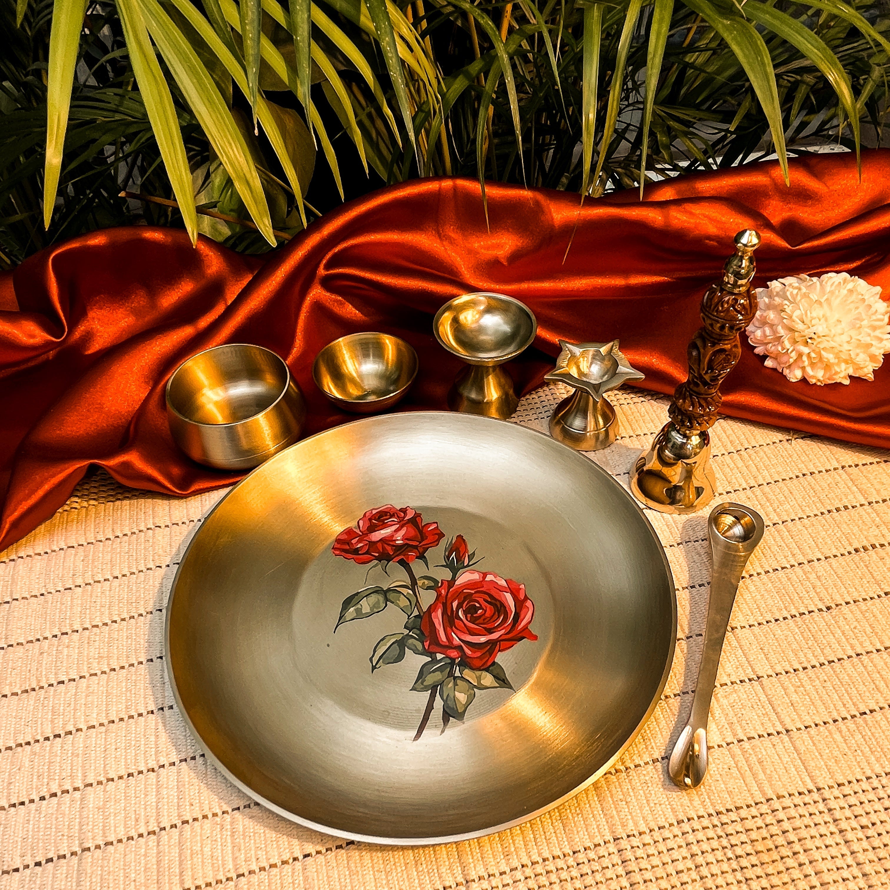 Ambi Divine Experience - Pure Lead Free Kansa Puja Thali Set of 6 with Rose Motif