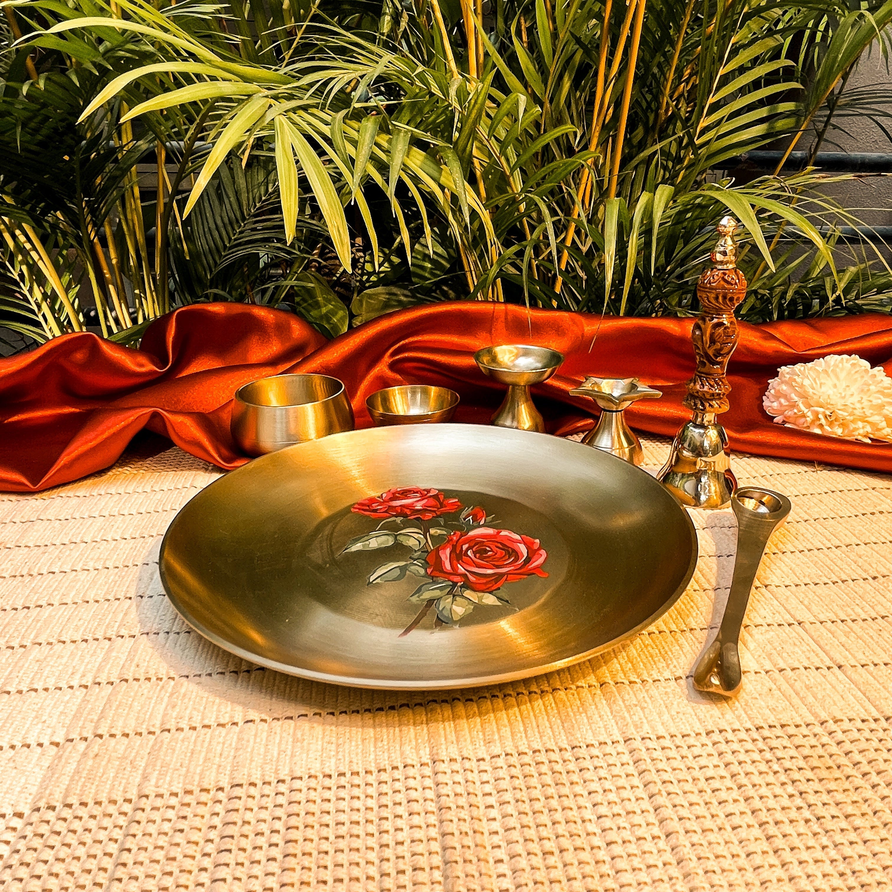 Ambi Divine Experience - Pure Lead Free Kansa Puja Thali Set of 6 with Rose Motif