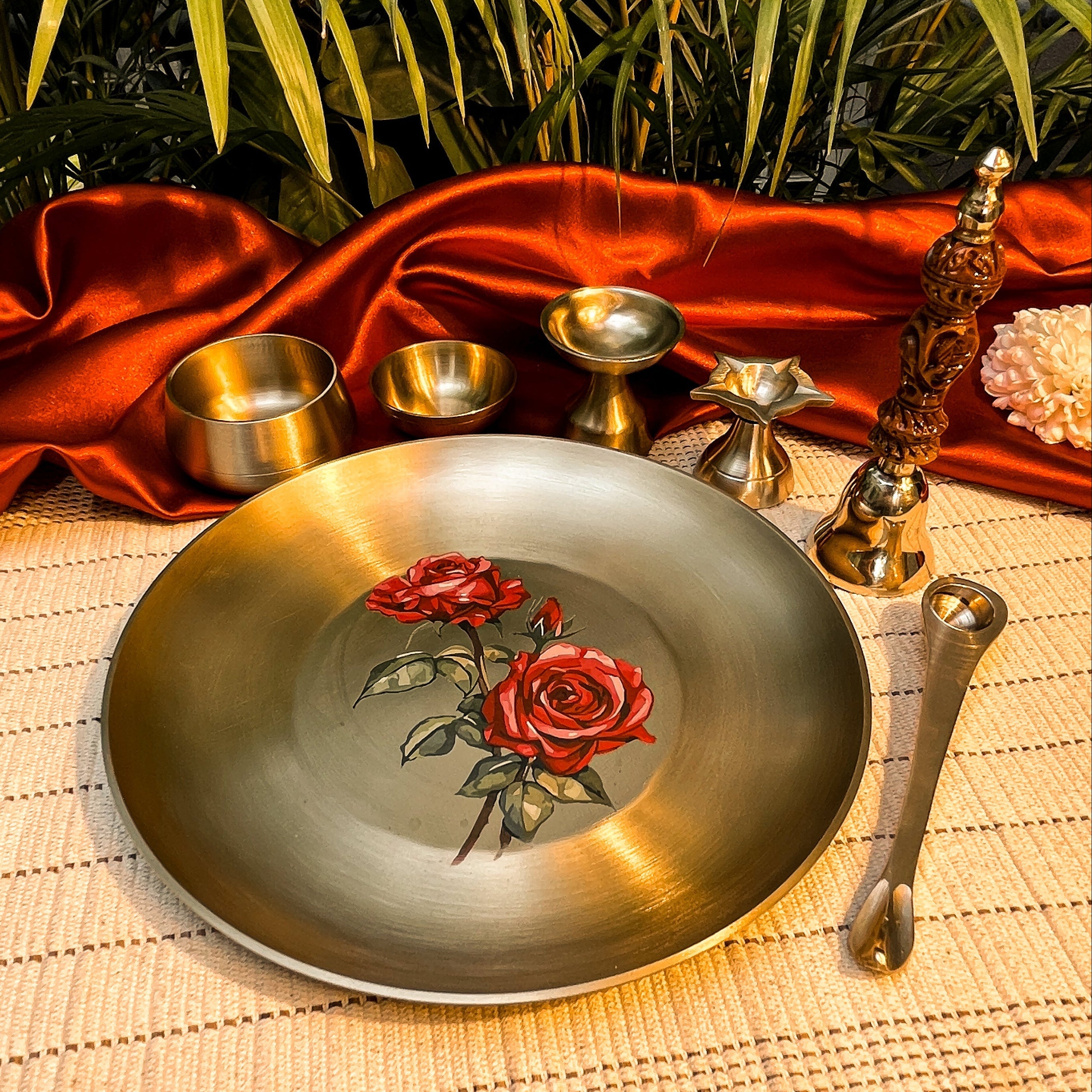Ambi Divine Experience - Pure Lead Free Kansa Puja Thali Set of 6 with Rose Motif
