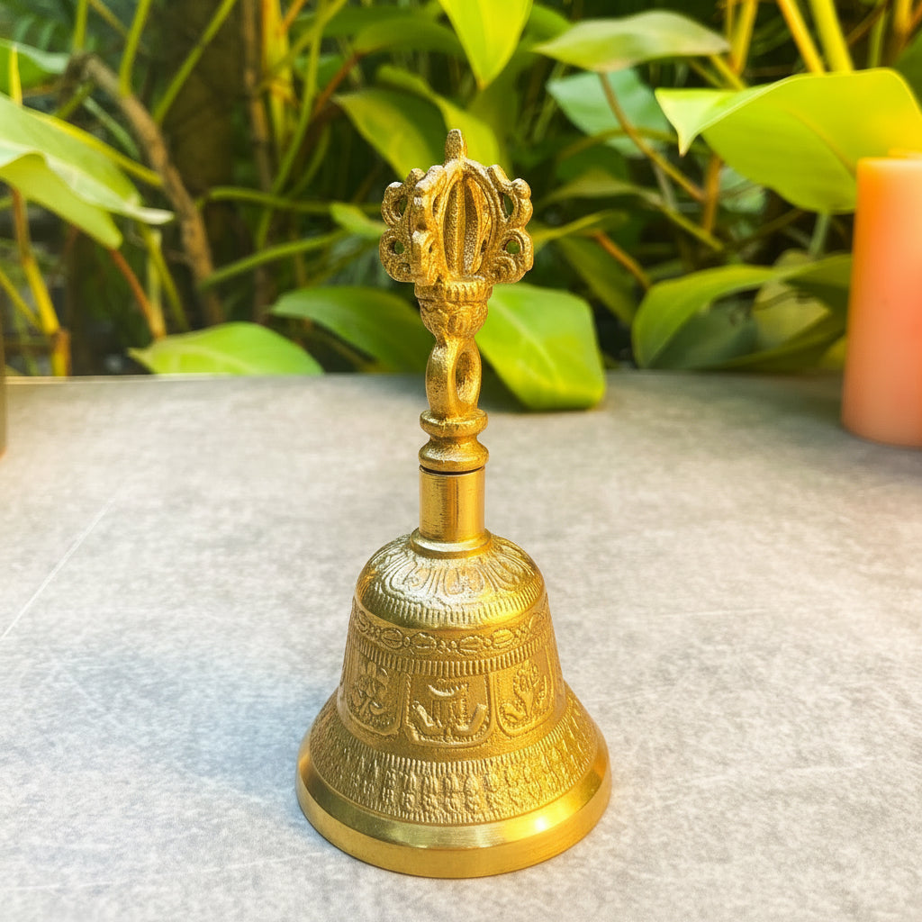 Ambi Antique Pure Brass Handbell with Intricate Tibetan Carving