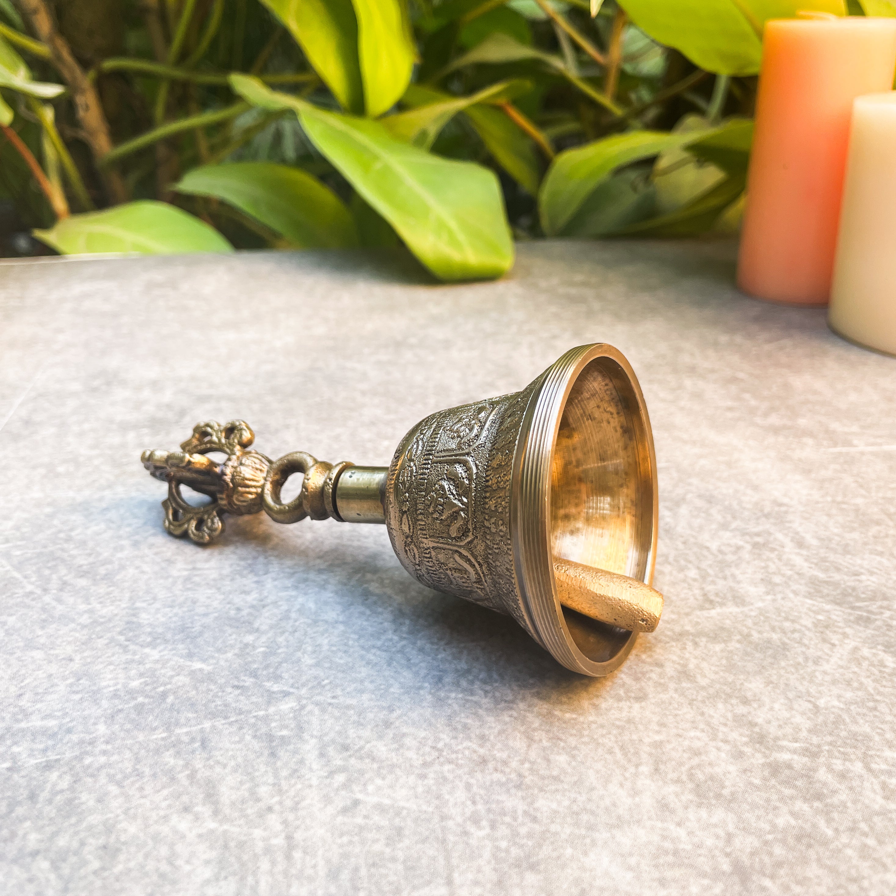 Ambi Antique Pure Brass Handbell with Intricate Tibetan Carving