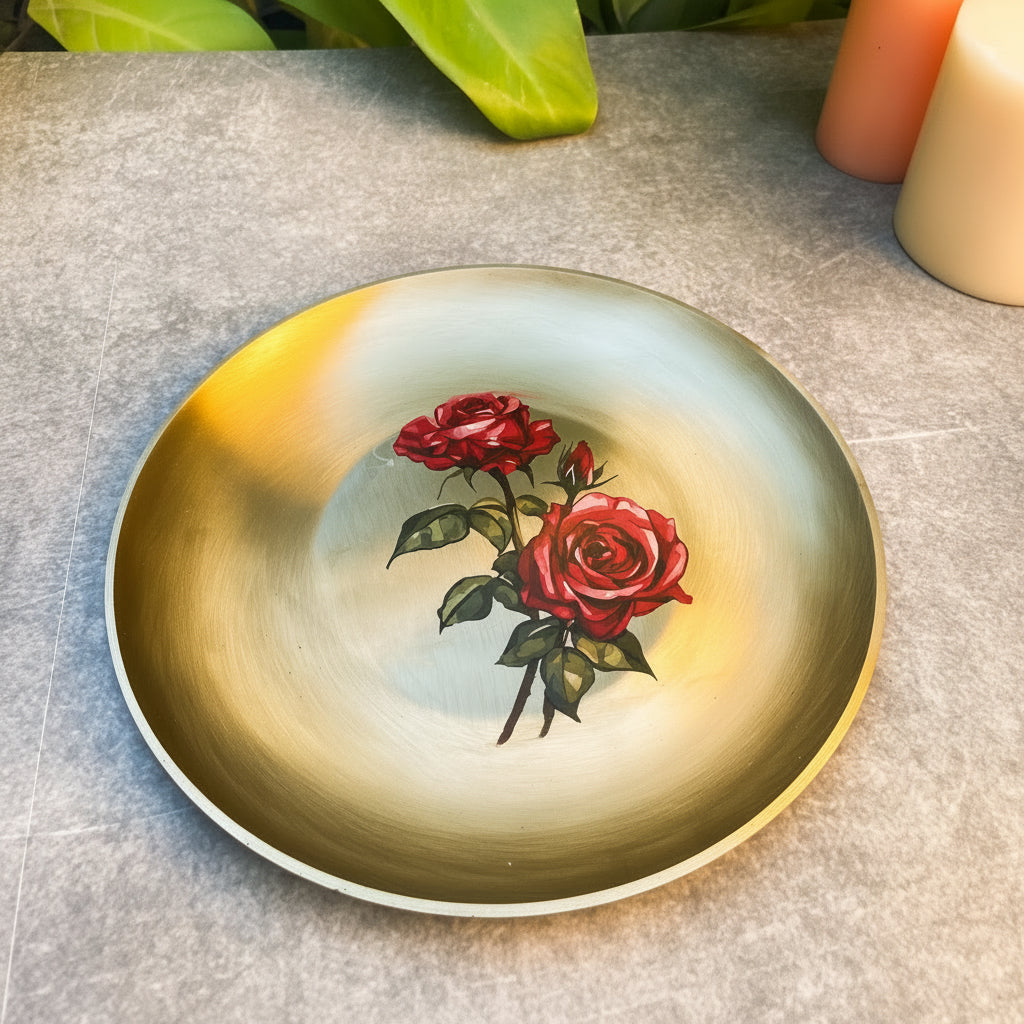 AMBI 100% Pure Lead Free Kansa Floral Hand Painted Finish Heavy Plate / Thali / Pooja Plate / Kids Plate - 8 inches