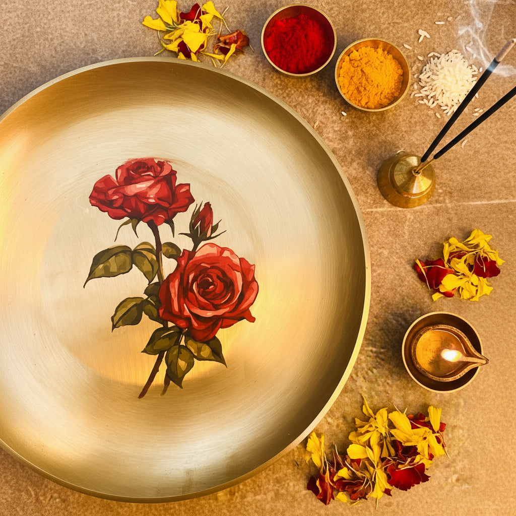 AMBI 100% Pure Lead Free Kansa Floral Hand Painted Finish Heavy Plate / Thali / Pooja Plate / Kids Plate - 8 inches