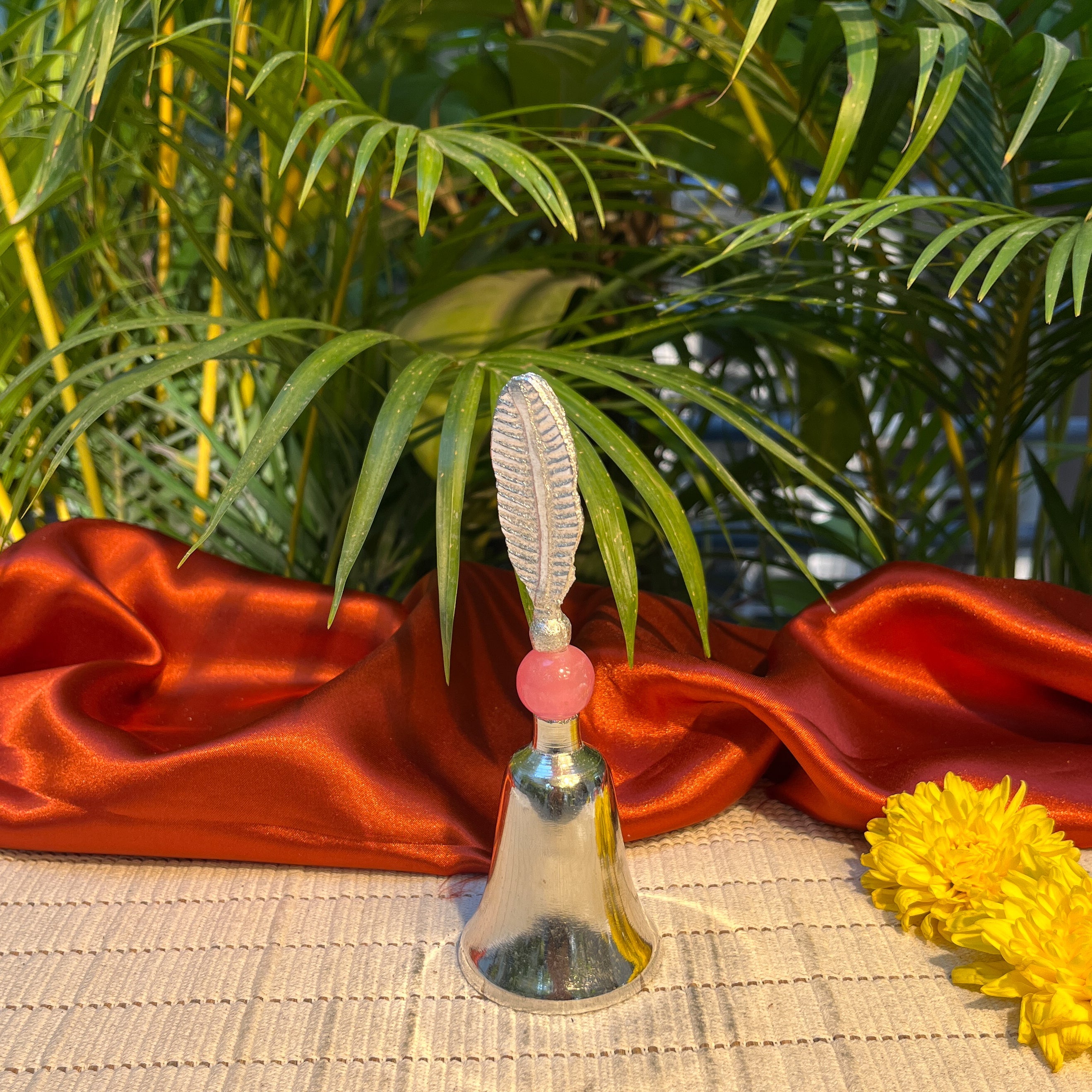 Ambi Silver-Plated Brass Pooja Bell (Ghanti) – Feather Handle