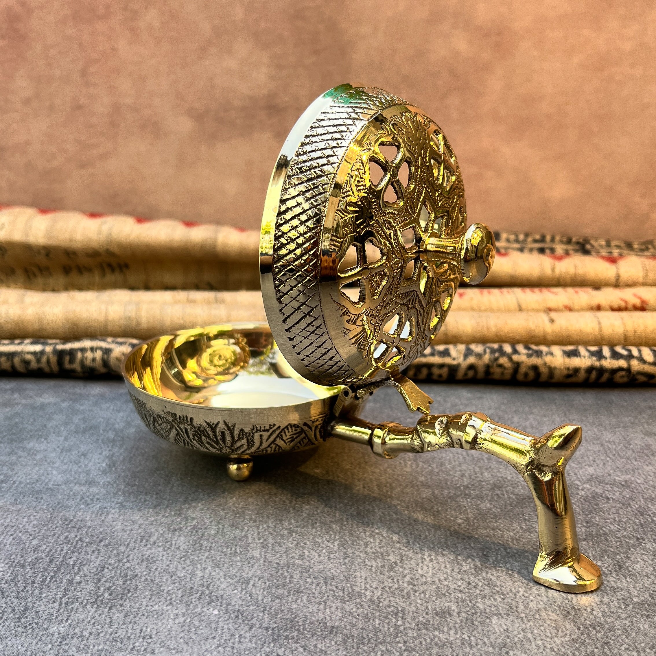 Ambi Regal Bloom Pure Brass Incense Burner (Dhoop Dani) / Dhuni with Handle
