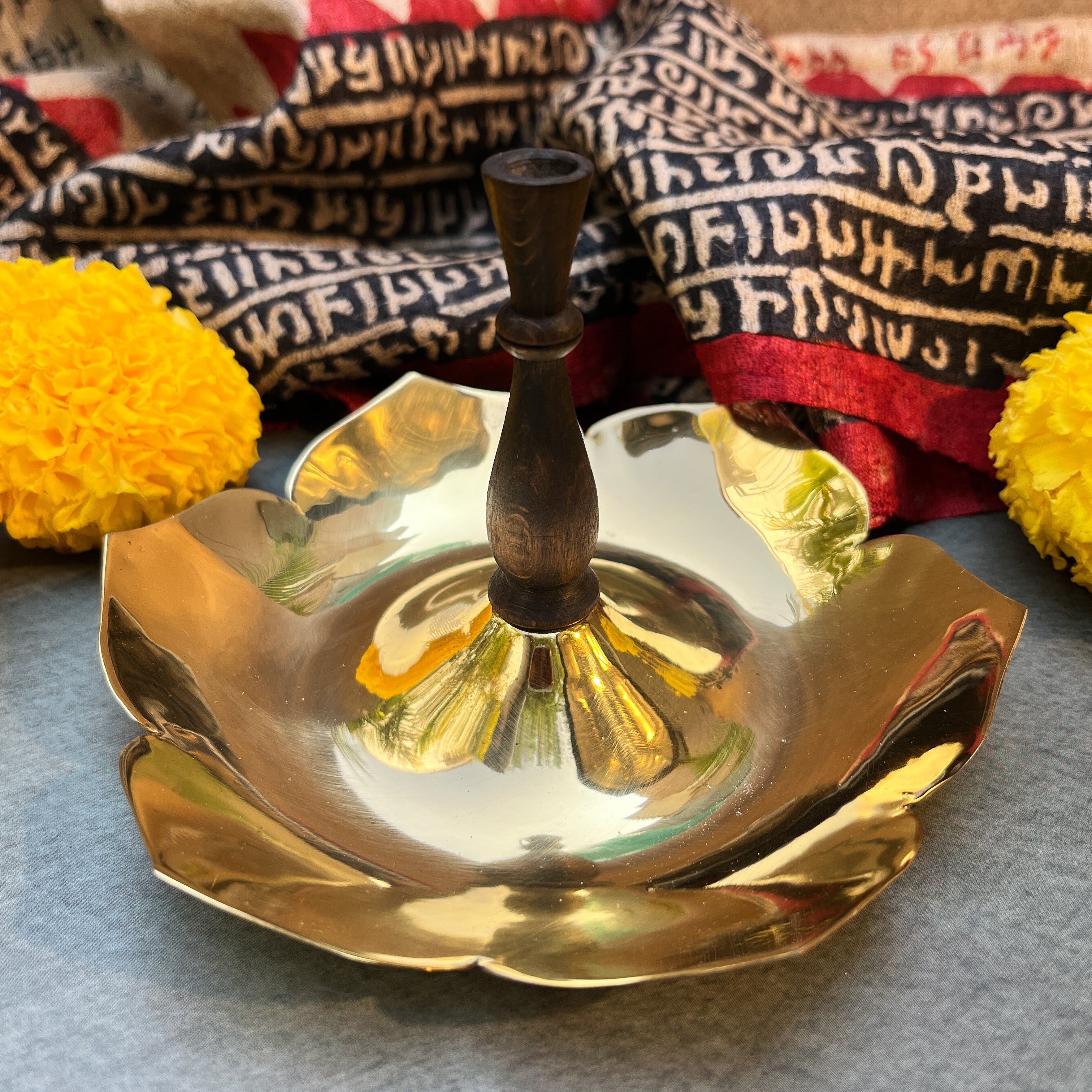 Ambi Lotus Crest Pure Brass Incense Holder with Wooden Stem