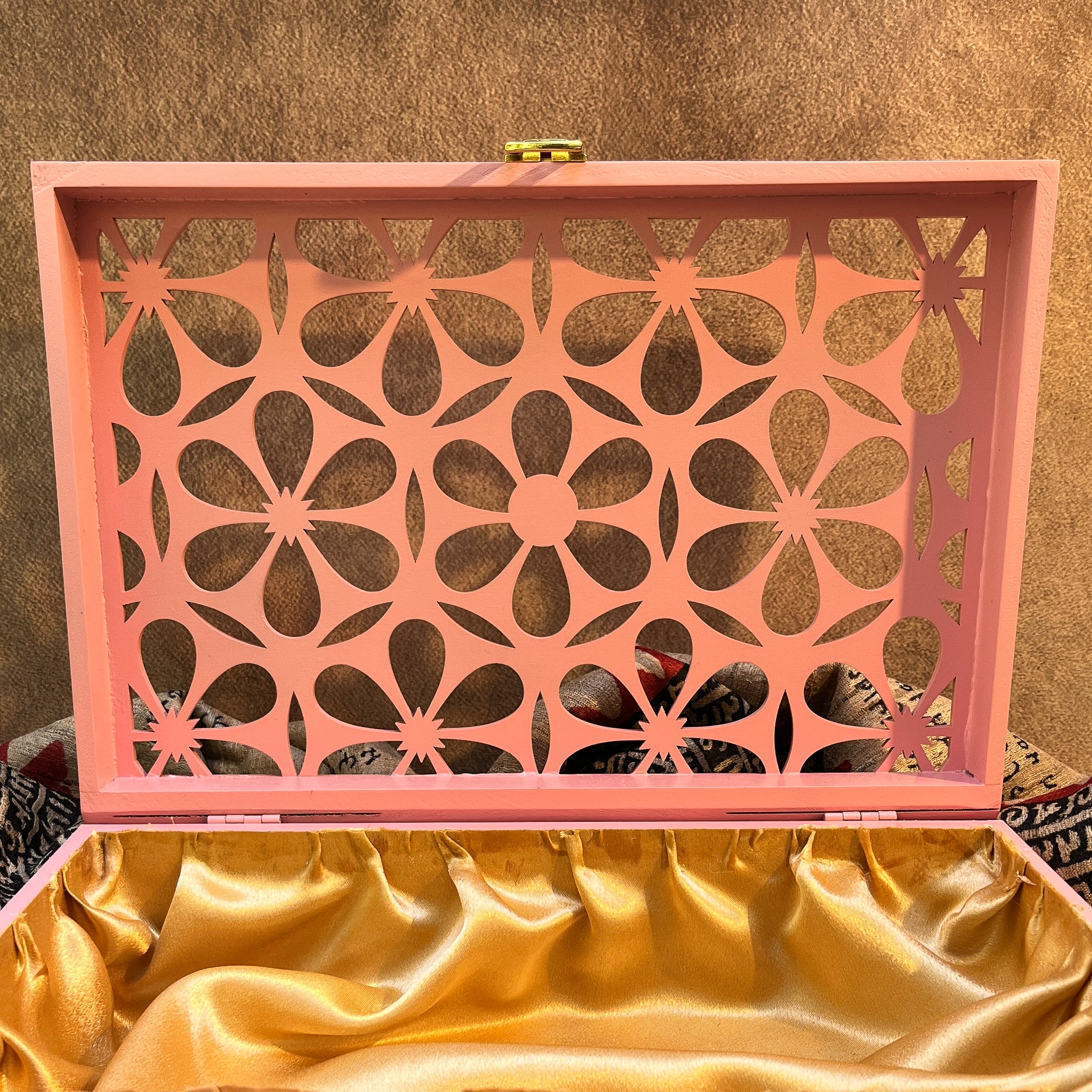 AMBI Premium Floral Jaali Wooden Gift Box Curated for Meaningful Celebrations – Blush Pink