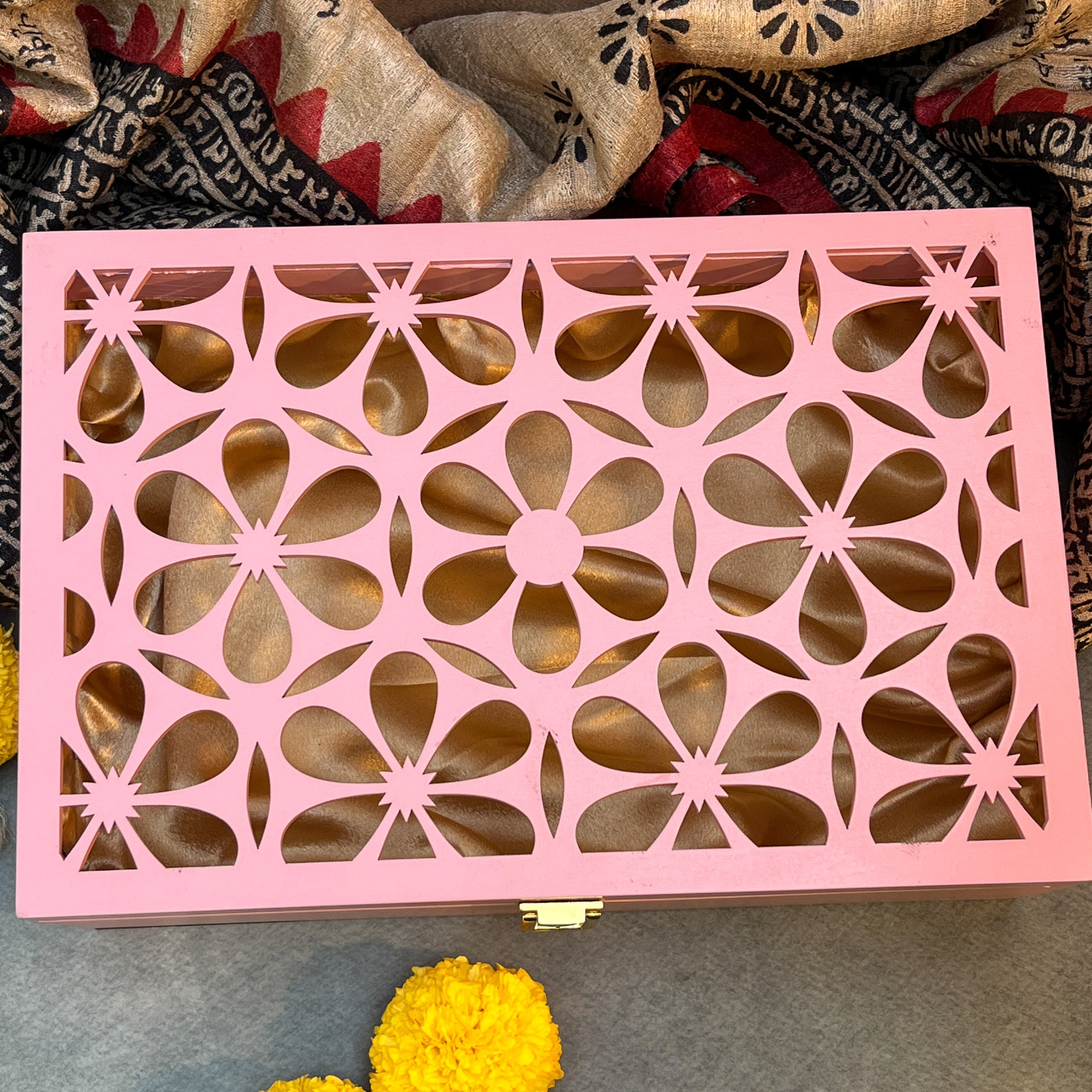 AMBI Premium Floral Jaali Wooden Gift Box Curated for Meaningful Celebrations – Blush Pink